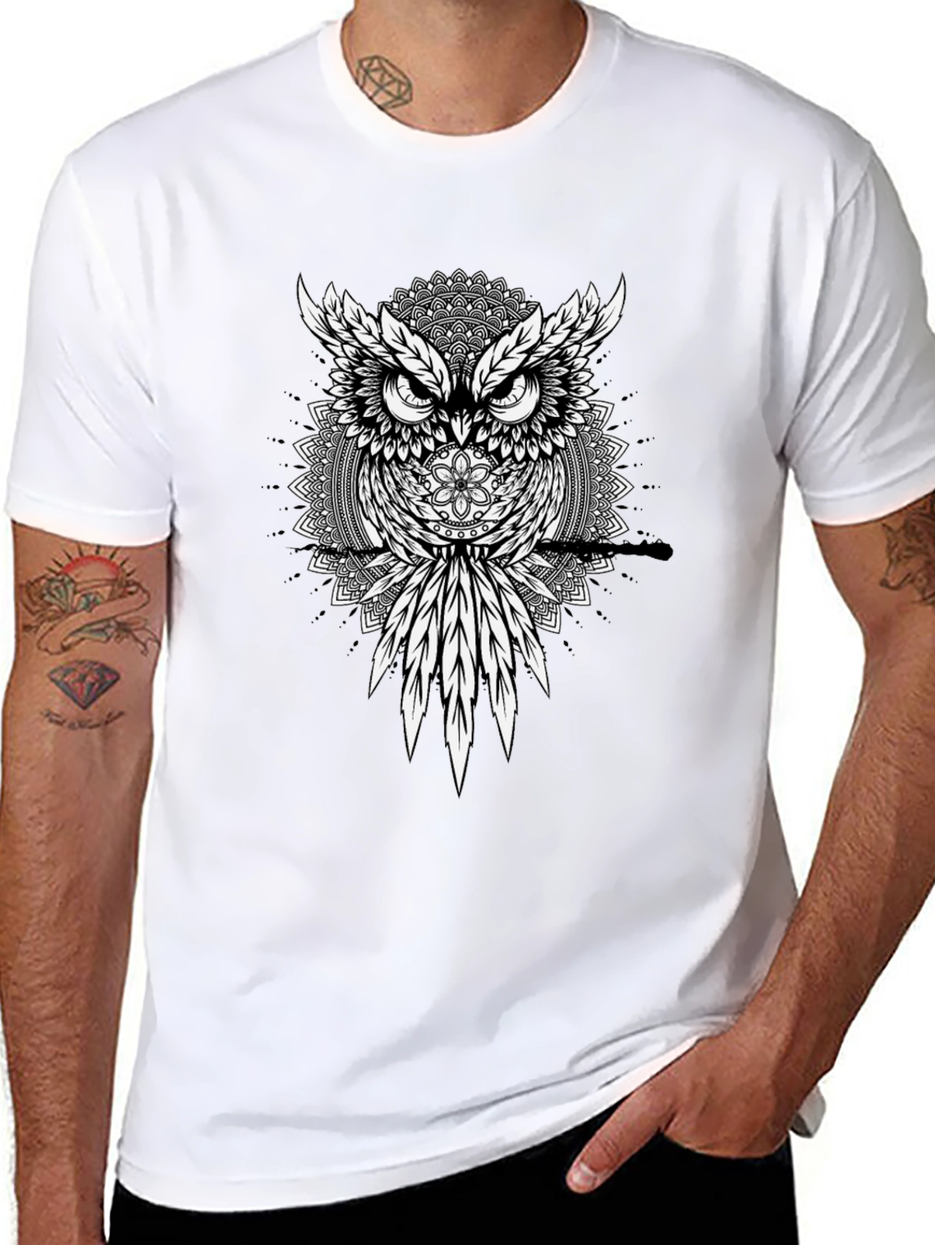 Owl Mandala Graphic Print Black T-Shirt