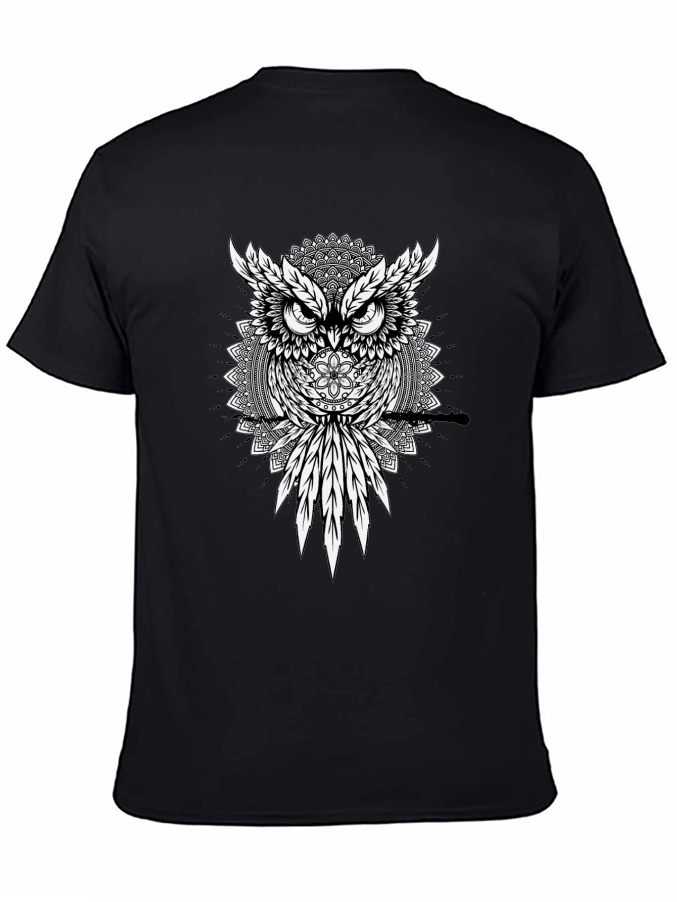 Owl Mandala Graphic Print Black T-Shirt