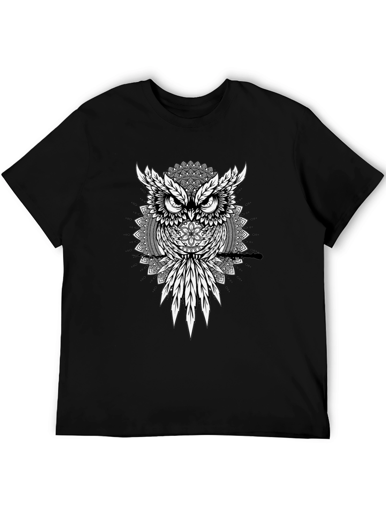 Owl Mandala Graphic Print Black T-Shirt