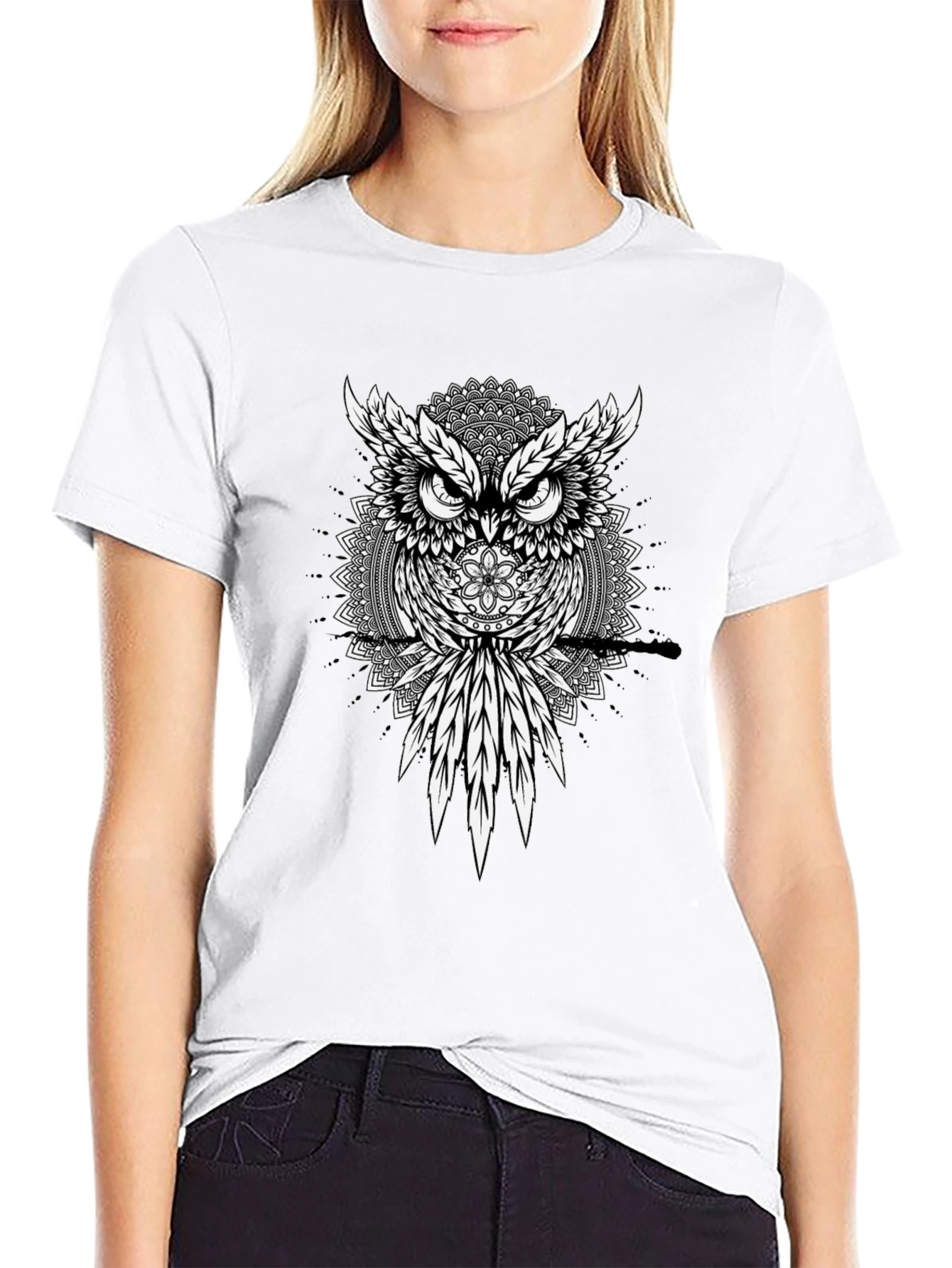 Owl Mandala Graphic Print Black T-Shirt