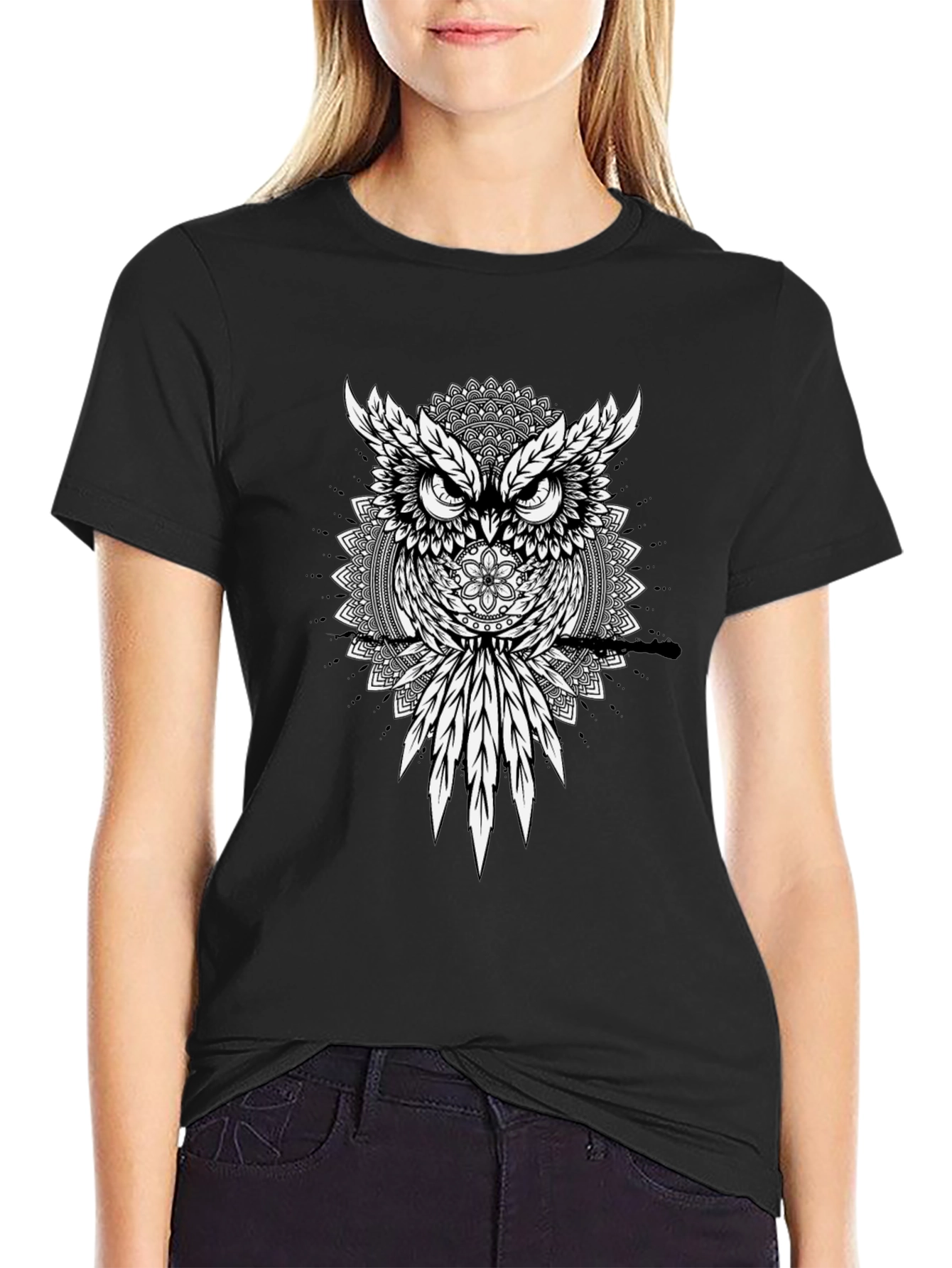 Owl Mandala Graphic Print Black T-Shirt