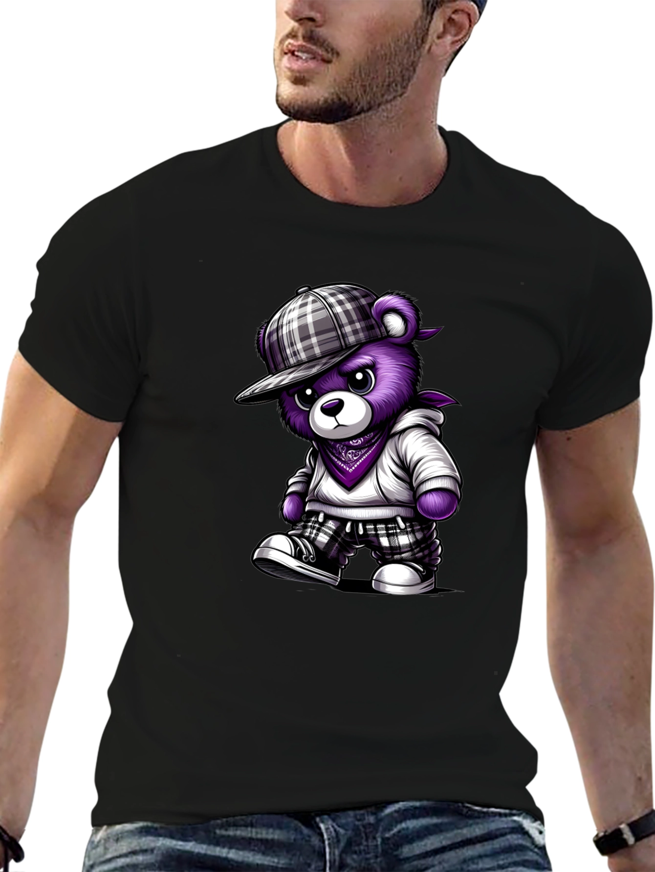 Urban Purple Bear Graphic Tee - Cool Casual Style