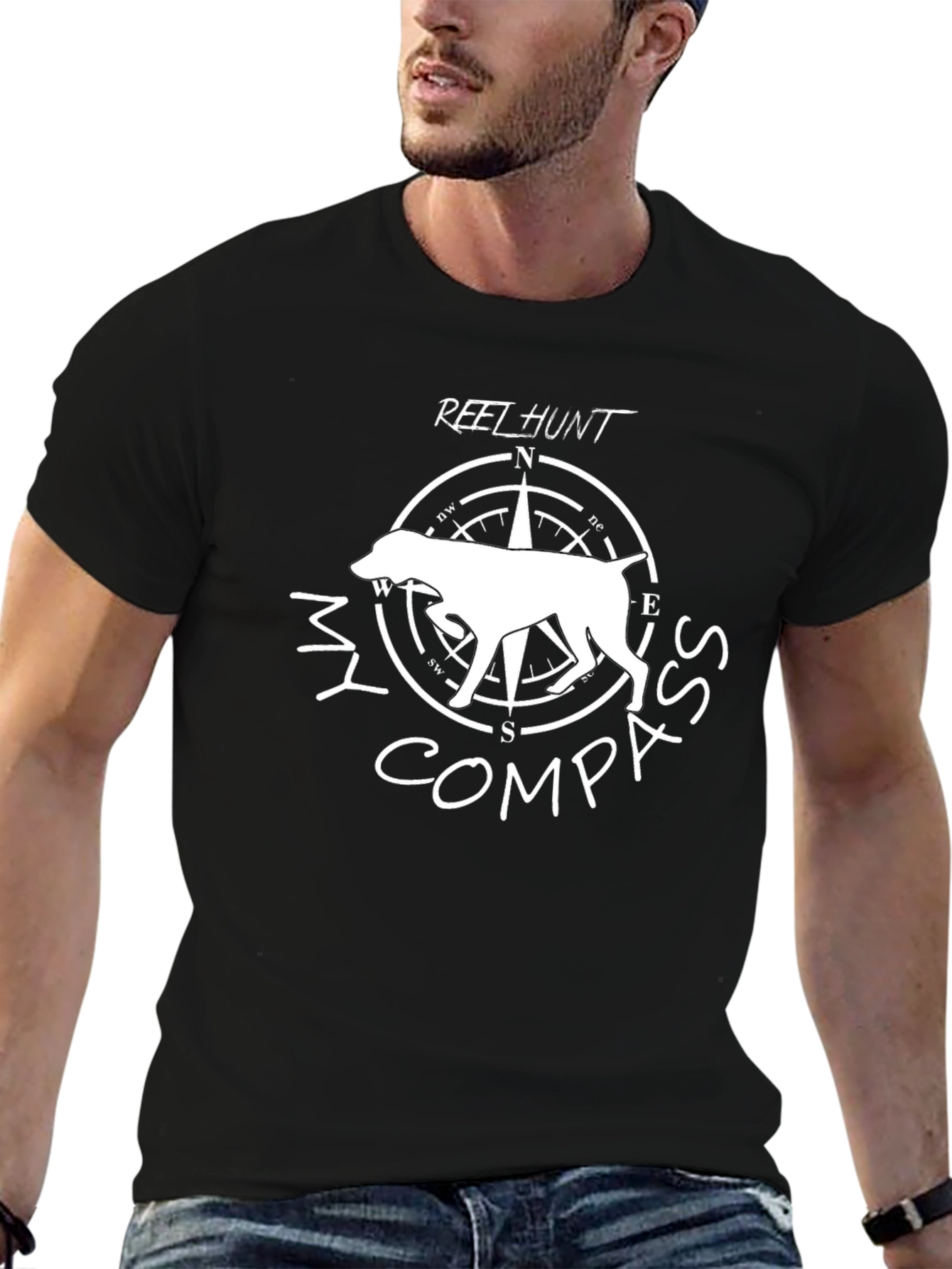 Reel Hunt Compass Dog Graphic T-Shirt