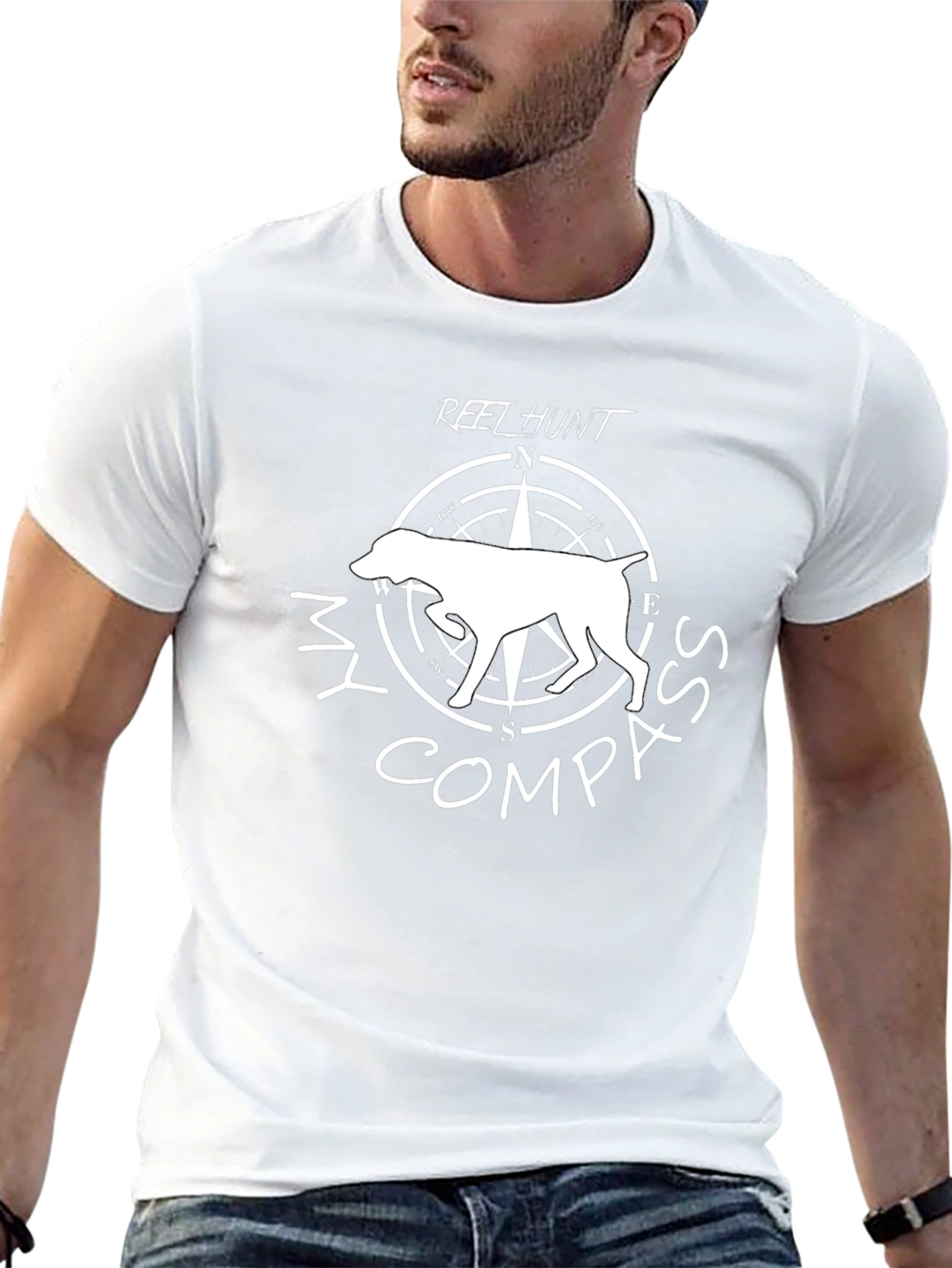 Reel Hunt Compass Dog Graphic T-Shirt