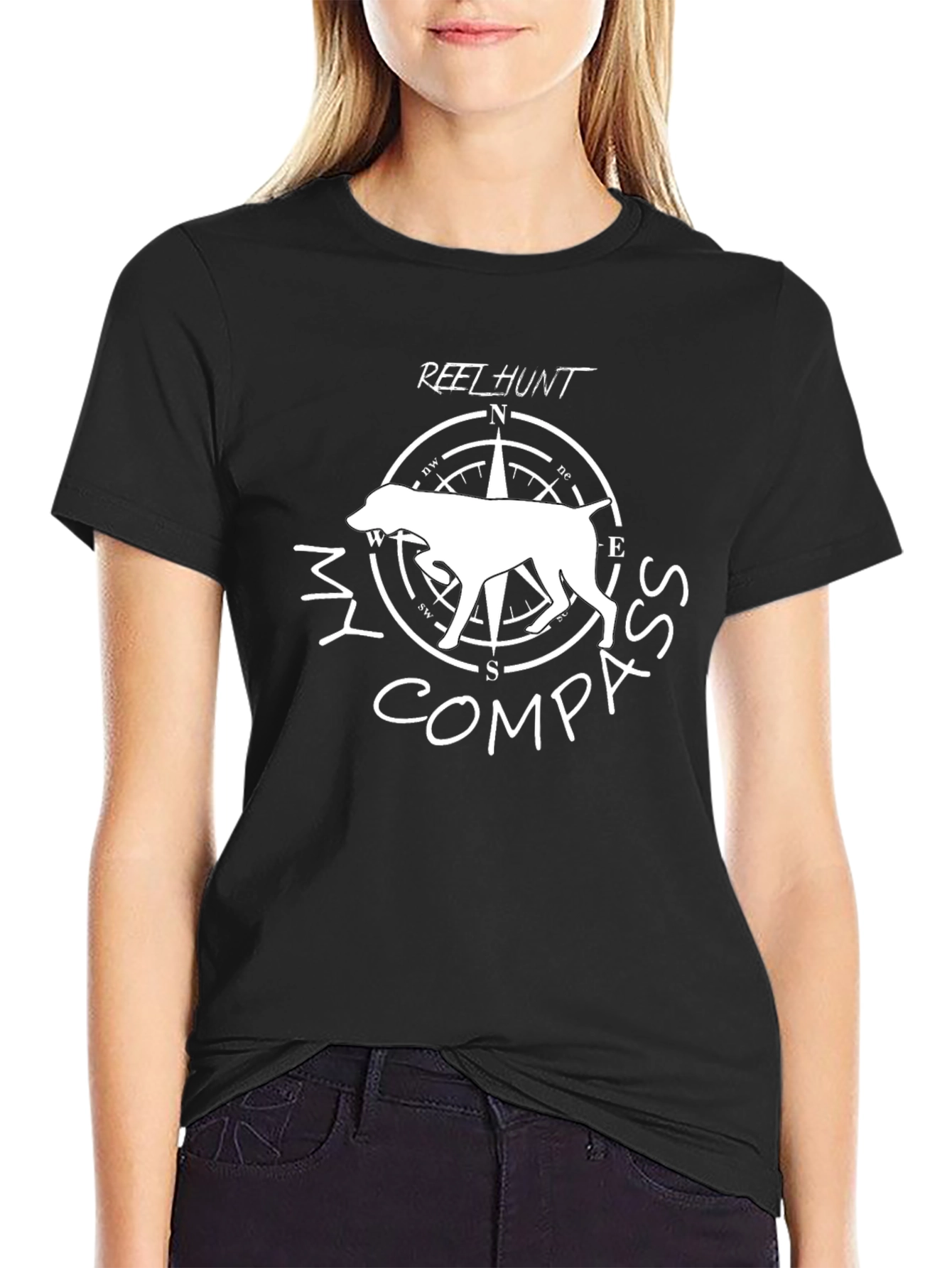 Reel Hunt Compass Dog Graphic T-Shirt