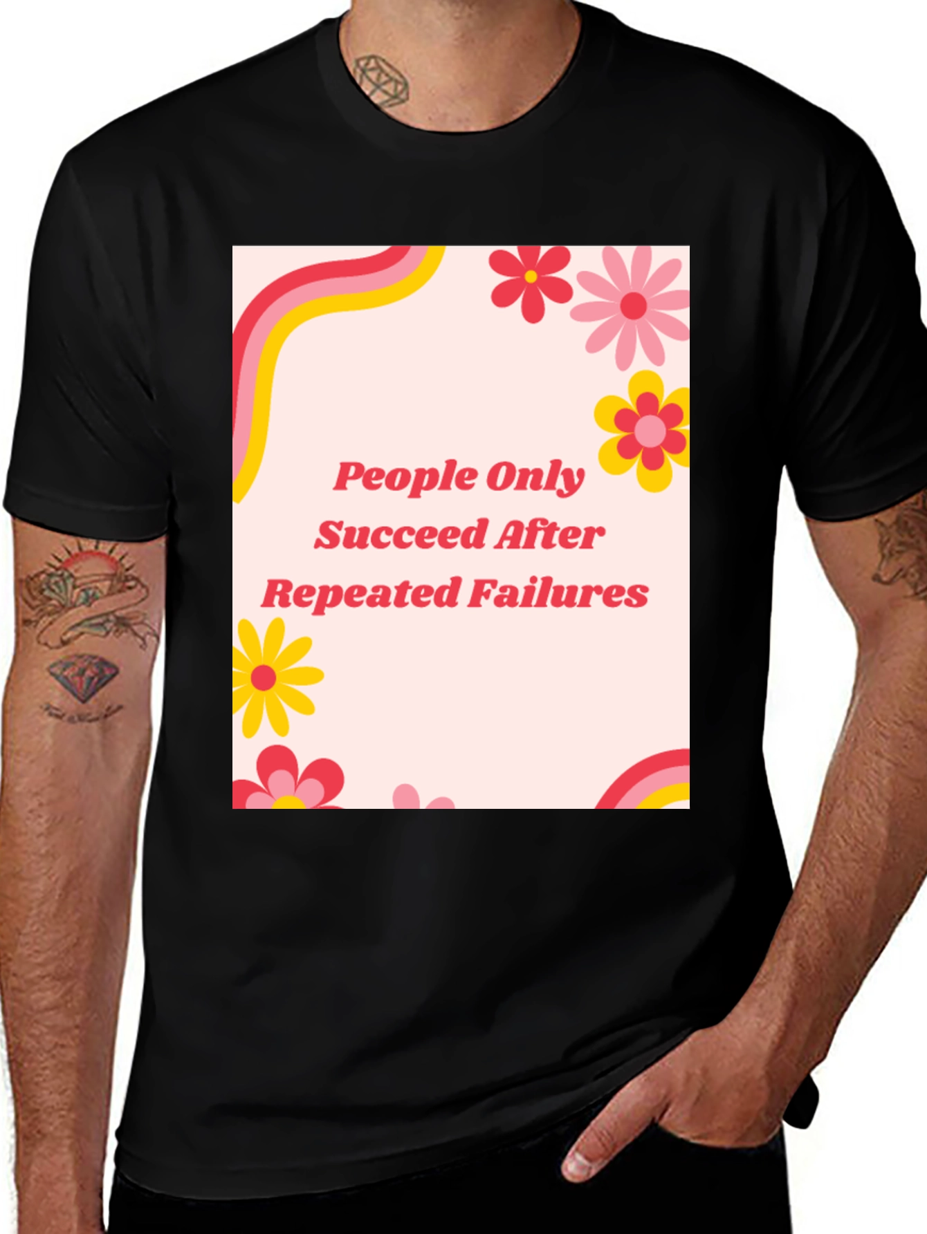 Retro Floral People Only Succeed Black T-Shirt