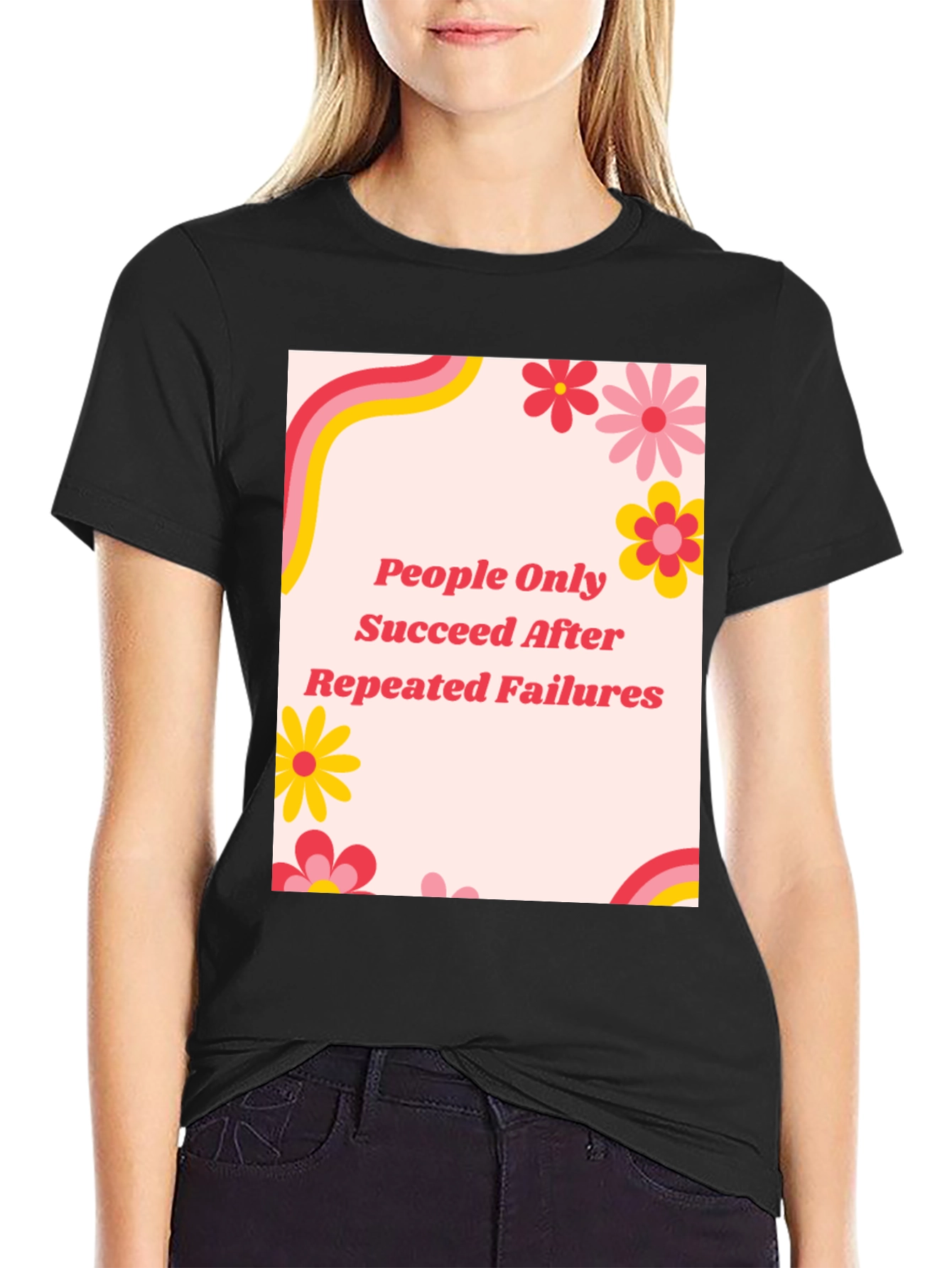 Retro Floral People Only Succeed Black T-Shirt