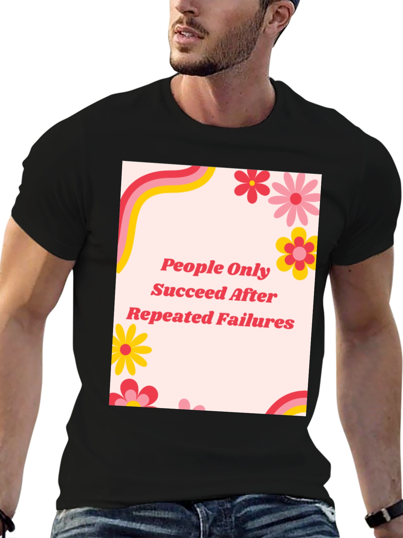 Retro Floral People Only Succeed Black T-Shirt
