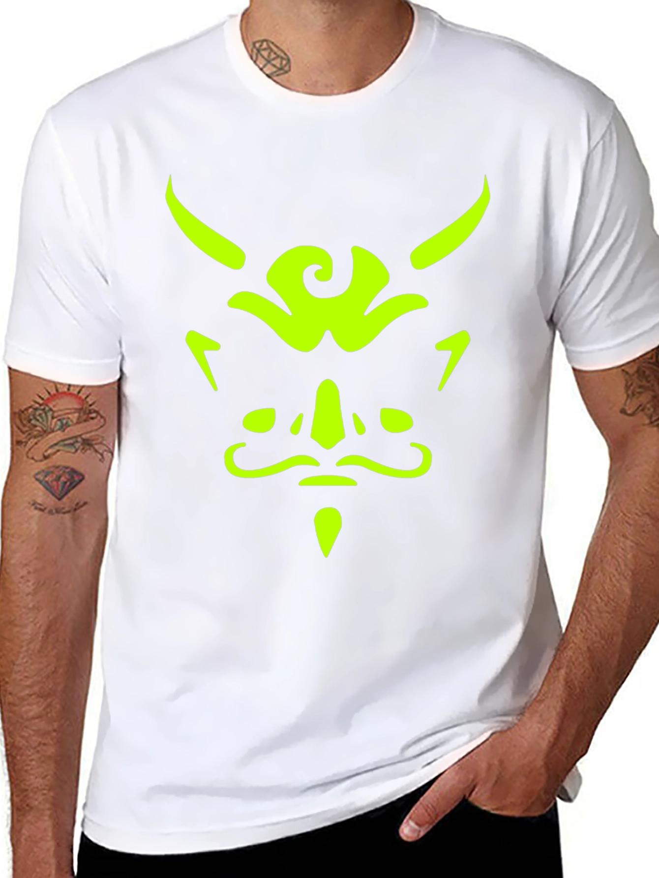 Mens Black T-Shirt with Neon Green Demon Face Graphic