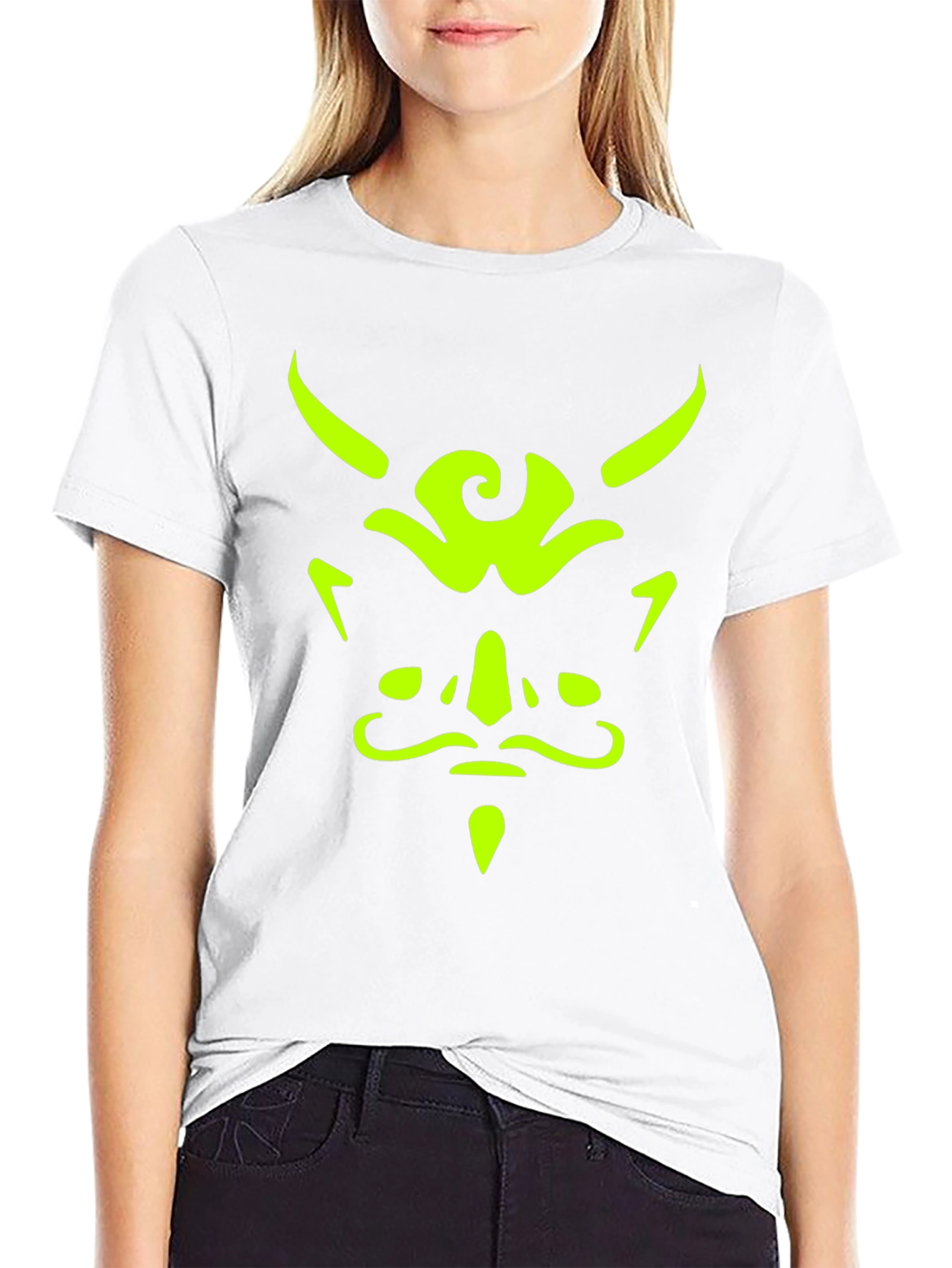 Mens Black T-Shirt with Neon Green Demon Face Graphic