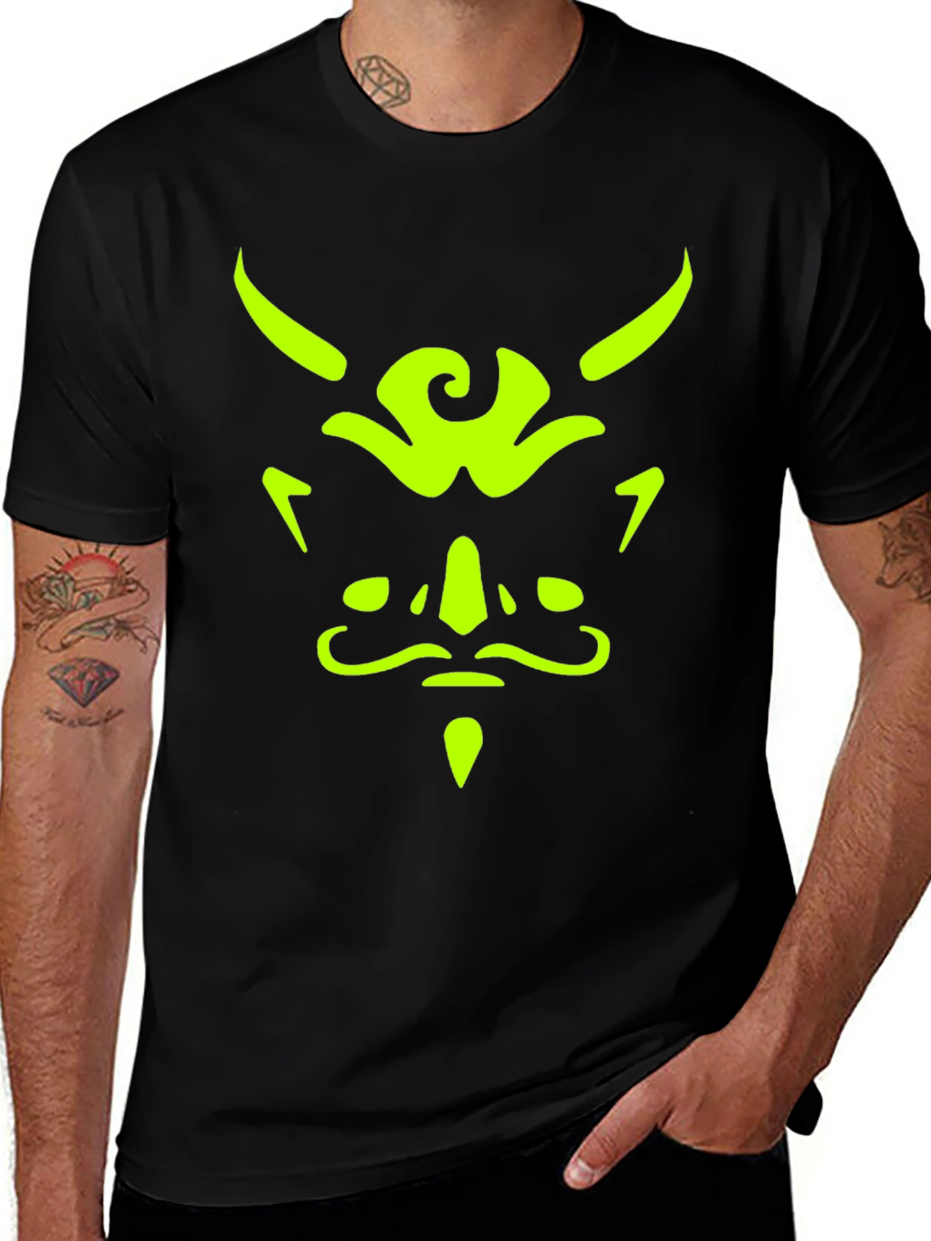 Mens Black T-Shirt with Neon Green Demon Face Graphic