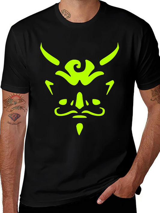 Mens Black T-Shirt with Neon Green Demon Face Graphic