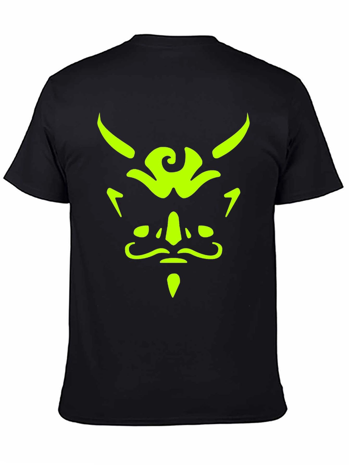 Mens Black T-Shirt with Neon Green Demon Face Graphic