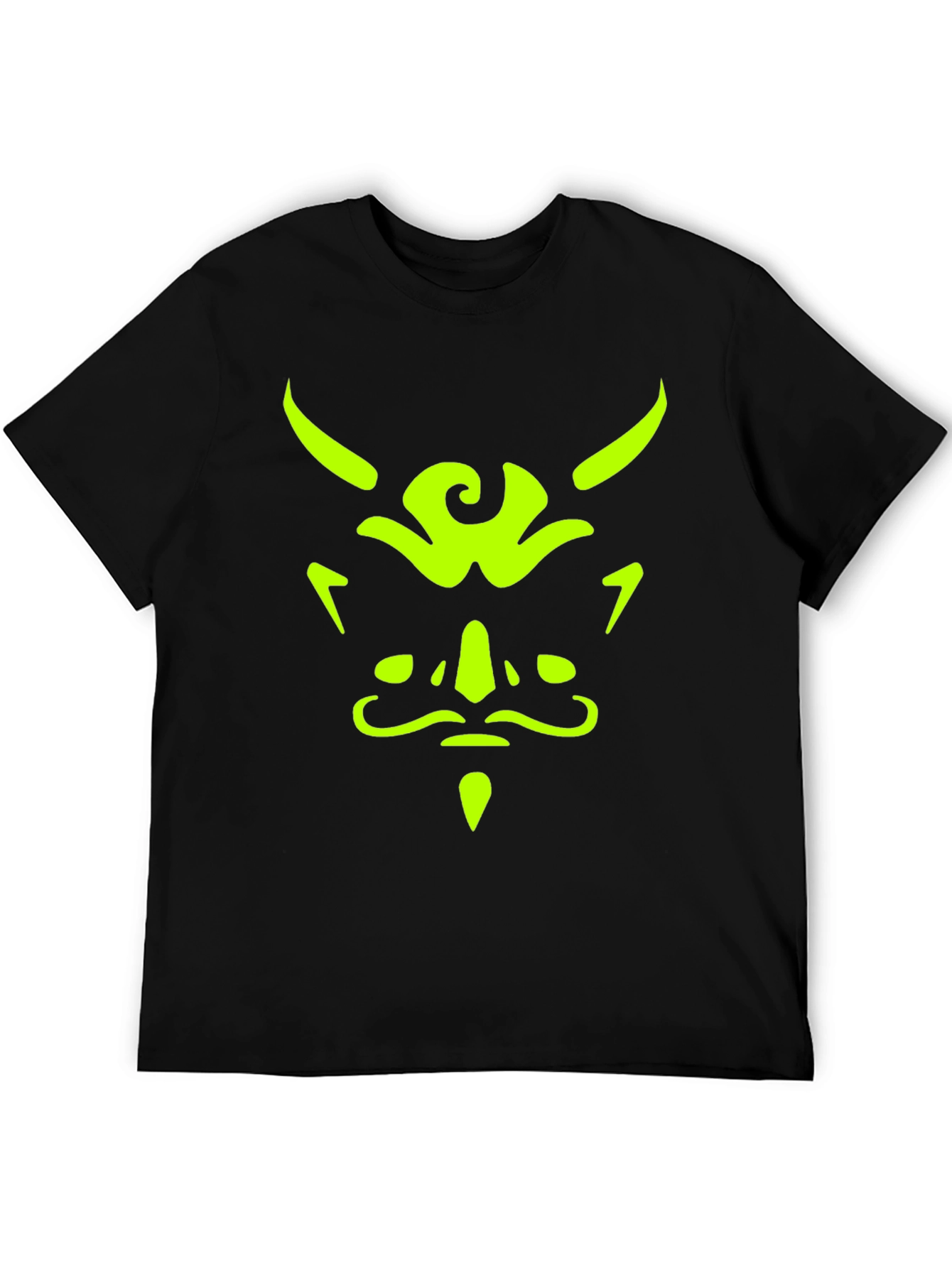 Mens Black T-Shirt with Neon Green Demon Face Graphic
