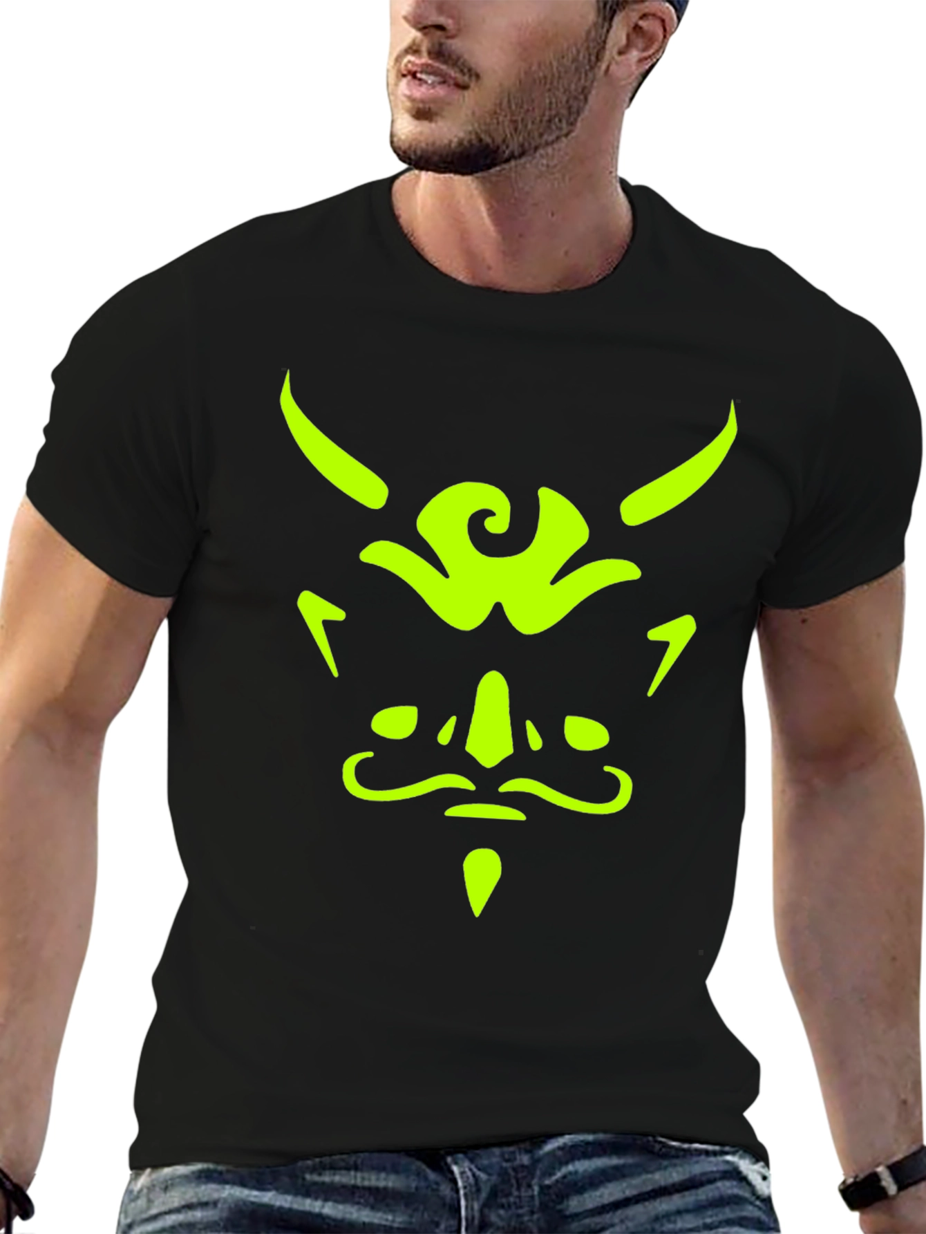 Mens Black T-Shirt with Neon Green Demon Face Graphic