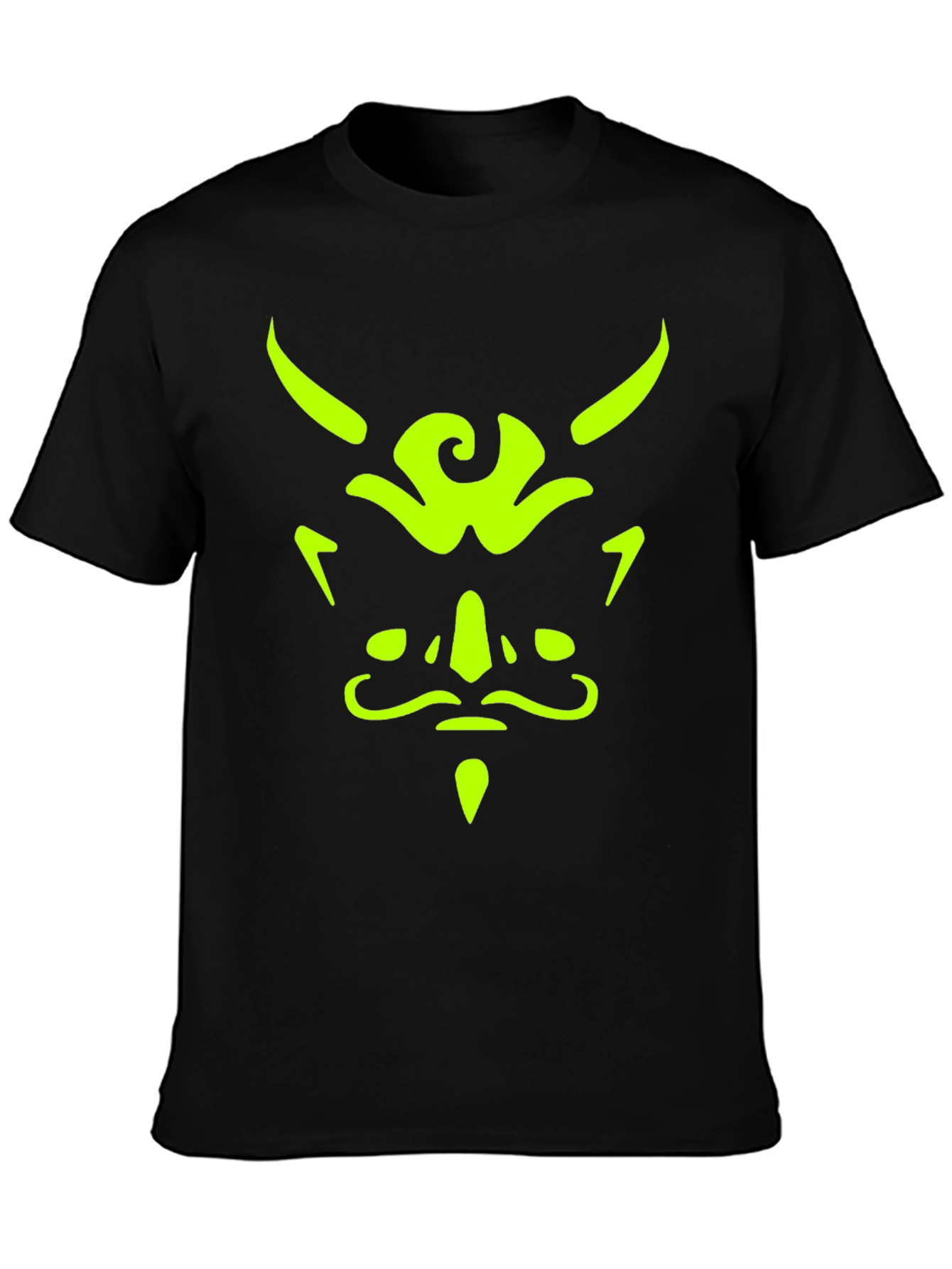Mens Black T-Shirt with Neon Green Demon Face Graphic