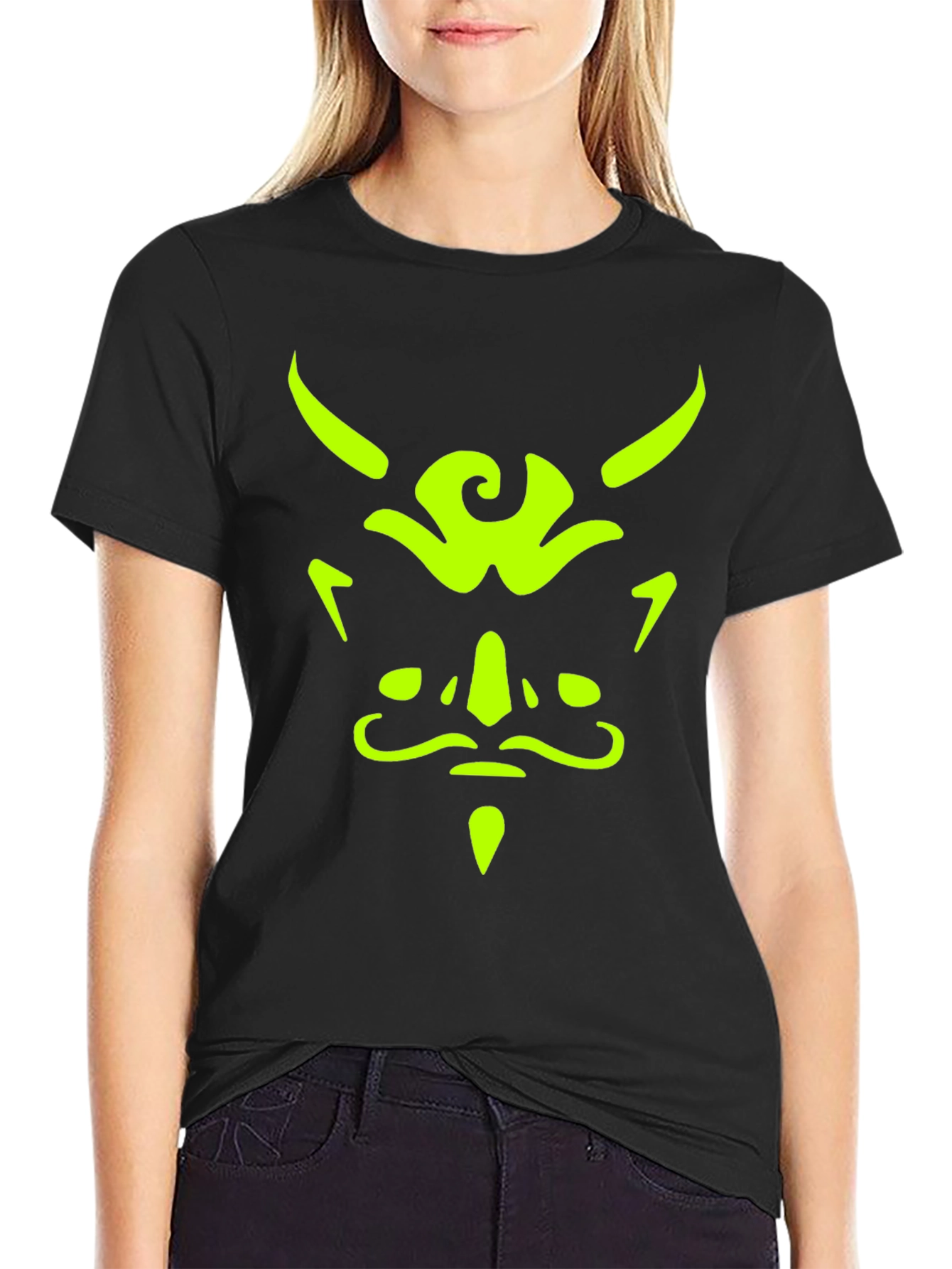 Mens Black T-Shirt with Neon Green Demon Face Graphic