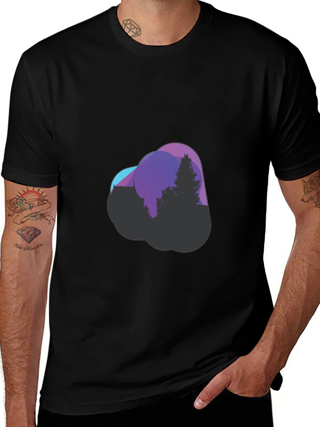 Modern Geometric Tree Graphic Tee - Black