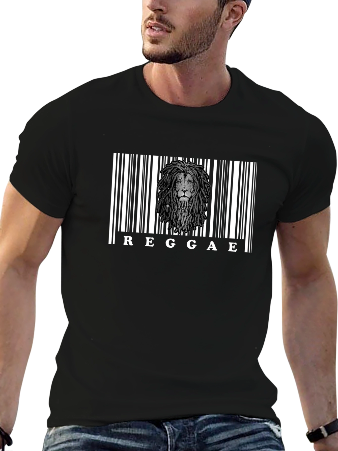 Reggae Lion Barcode Graphic T-Shirt - Black