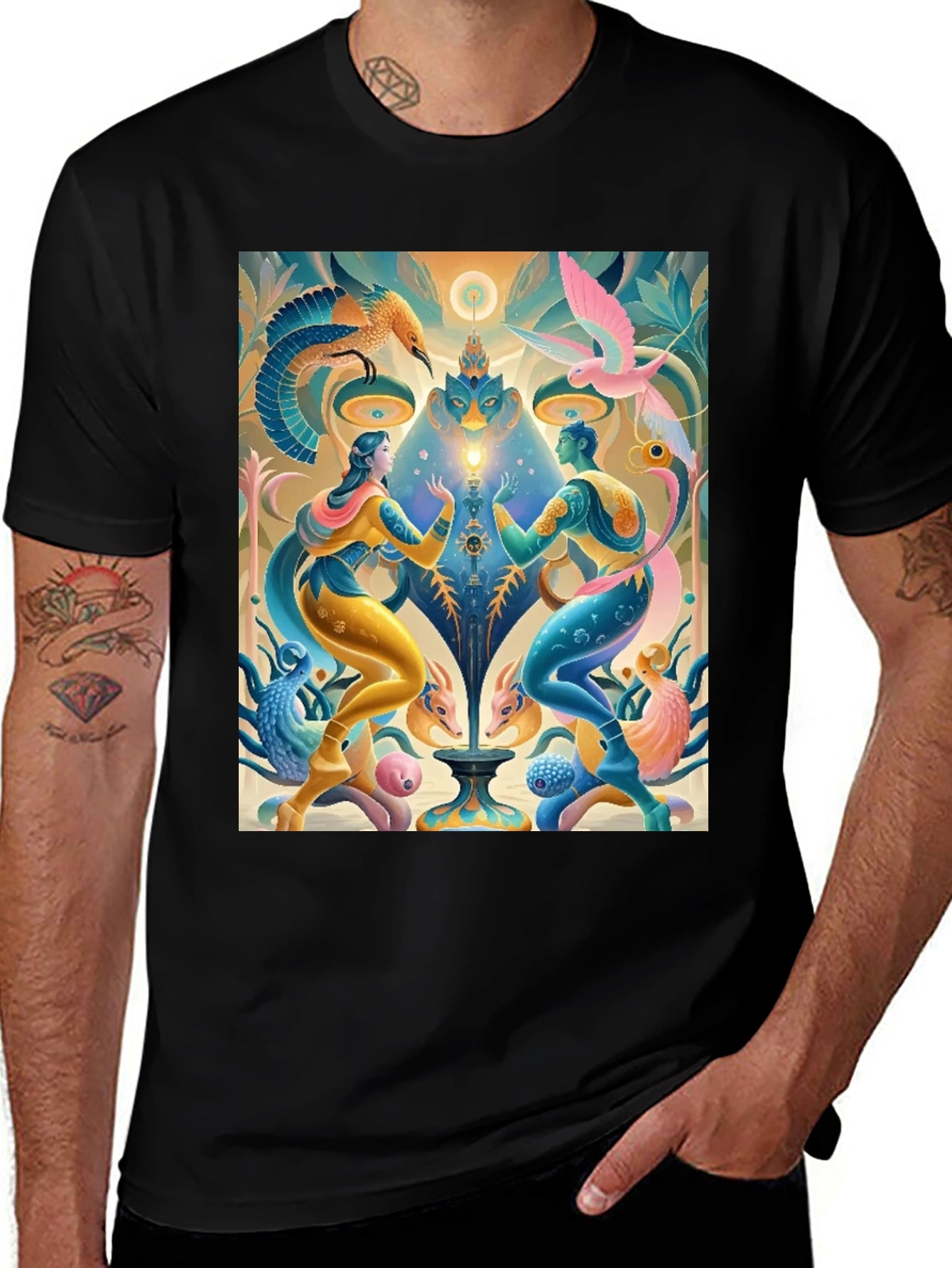 Artistic T-Shirt: Mystical Bird and Figure Design