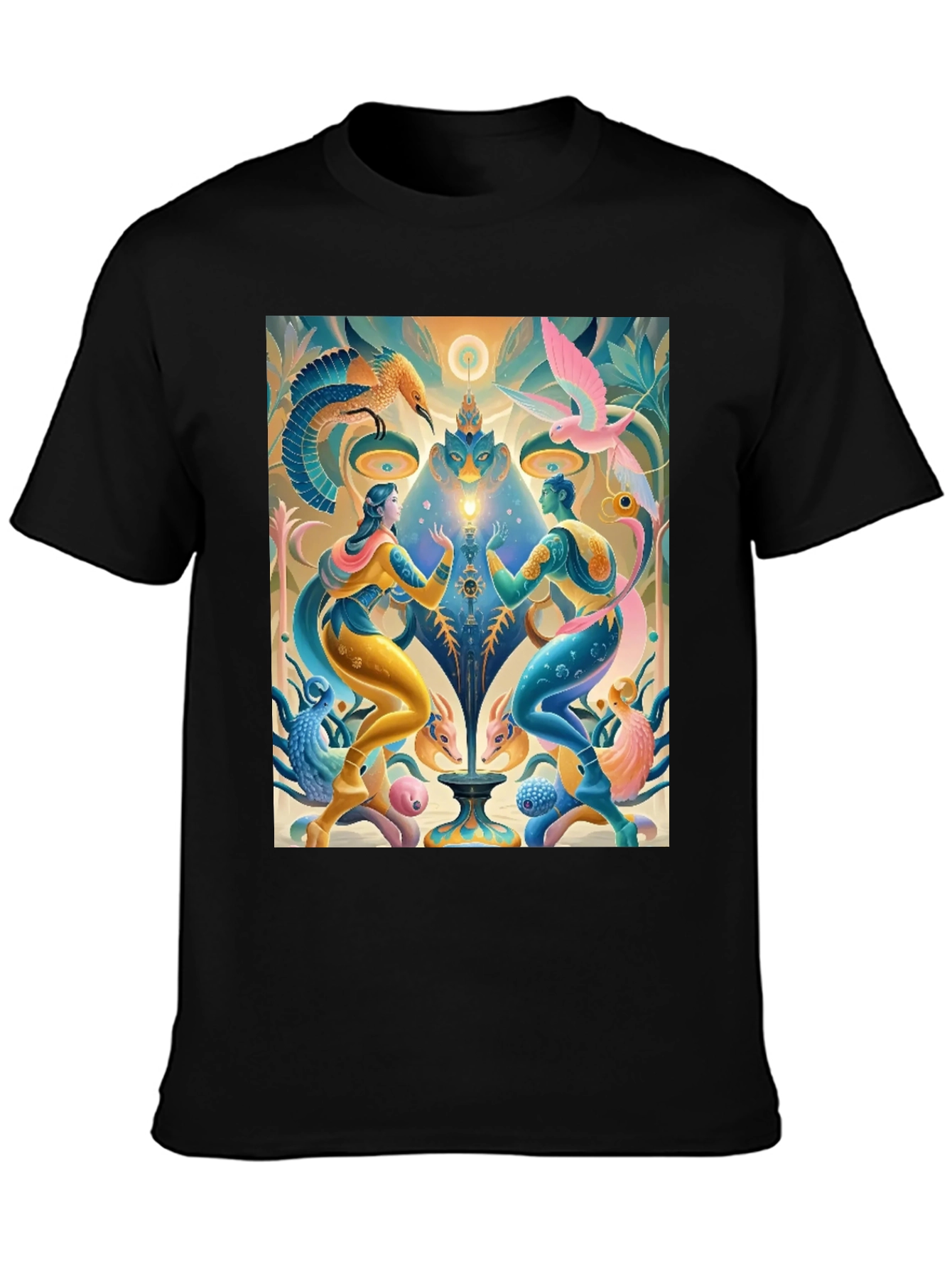 Artistic T-Shirt: Mystical Bird and Figure Design