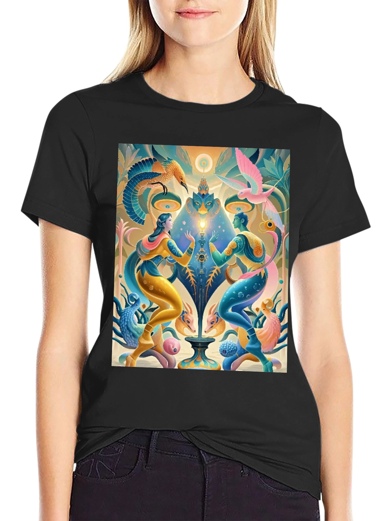 Artistic T-Shirt: Mystical Bird and Figure Design