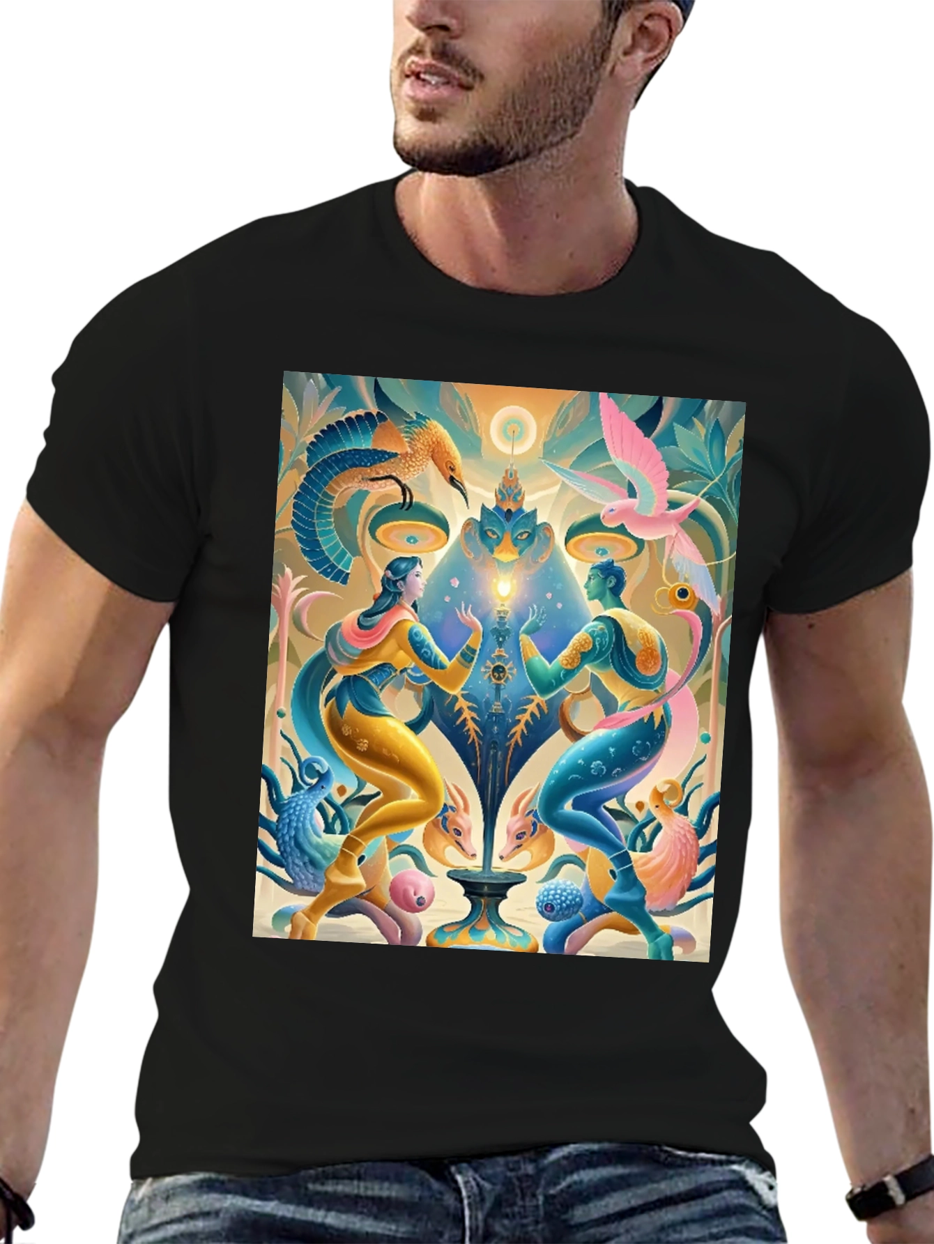 Artistic T-Shirt: Mystical Bird and Figure Design