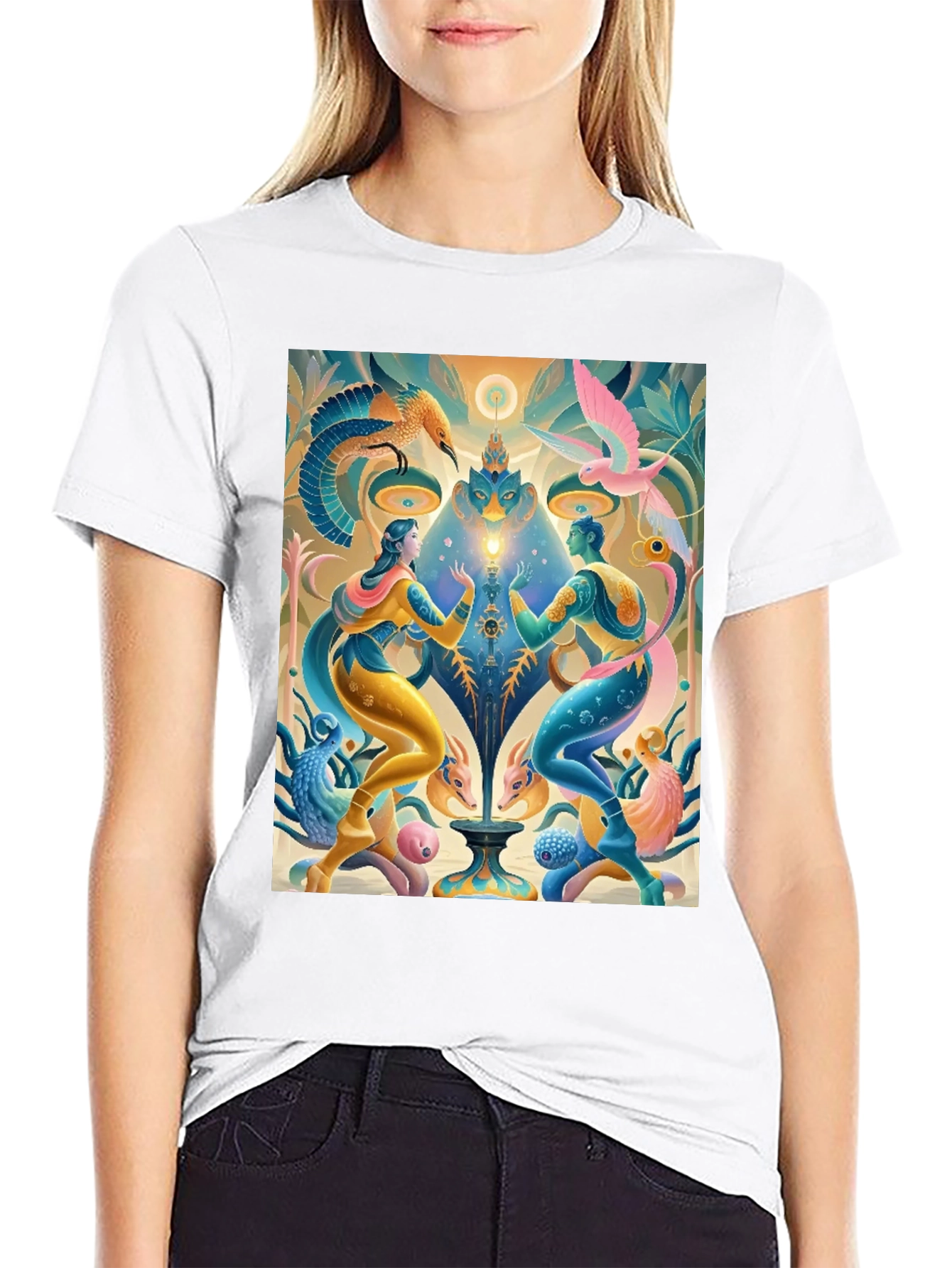 Artistic T-Shirt: Mystical Bird and Figure Design