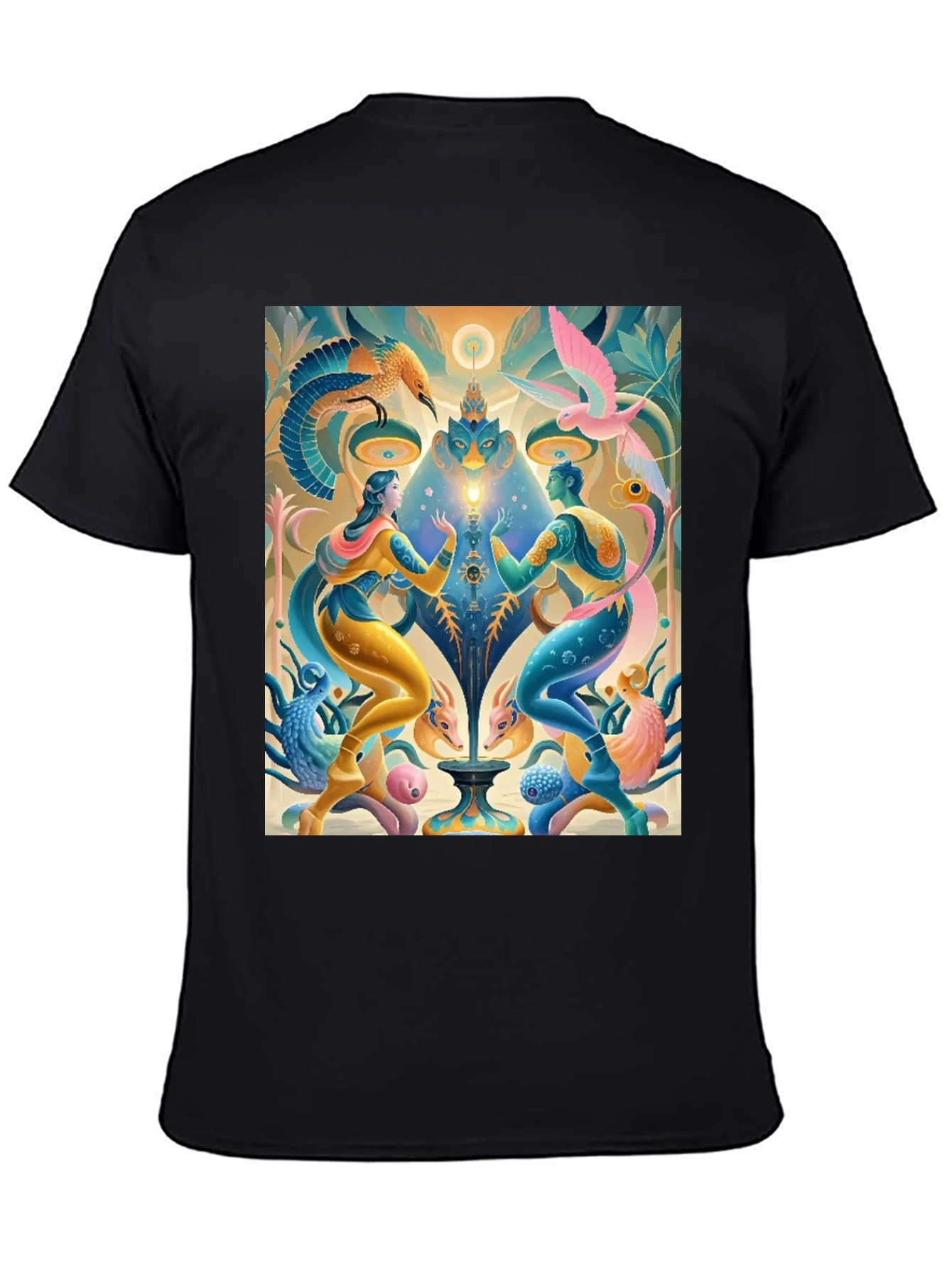 Artistic T-Shirt: Mystical Bird and Figure Design