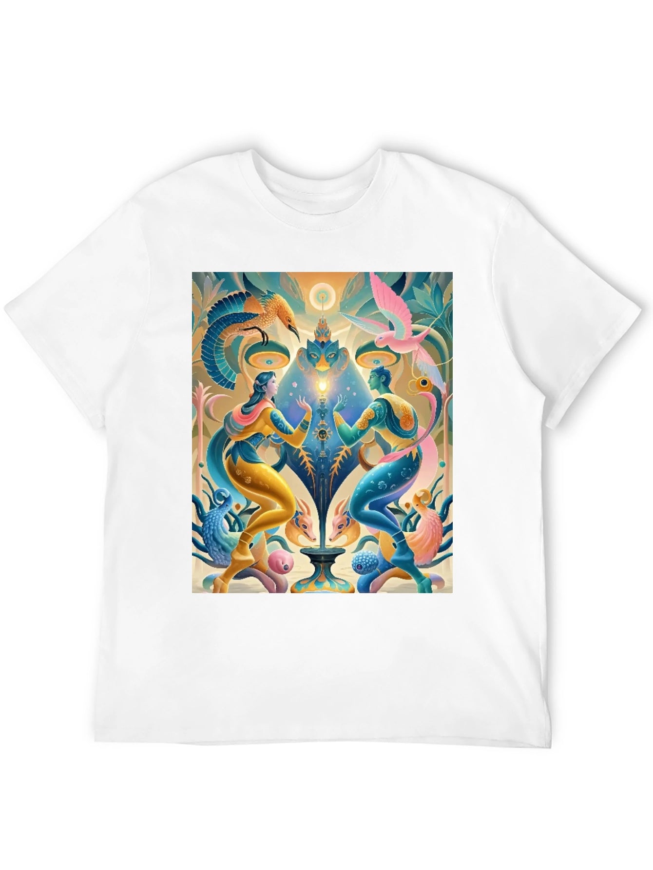 Artistic T-Shirt: Mystical Bird and Figure Design