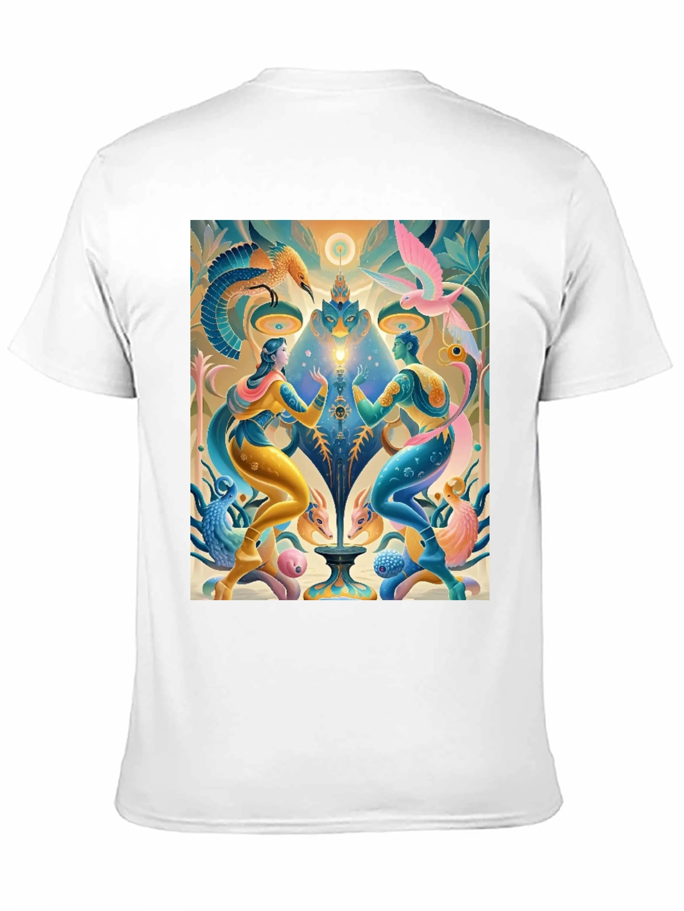 Artistic T-Shirt: Mystical Bird and Figure Design