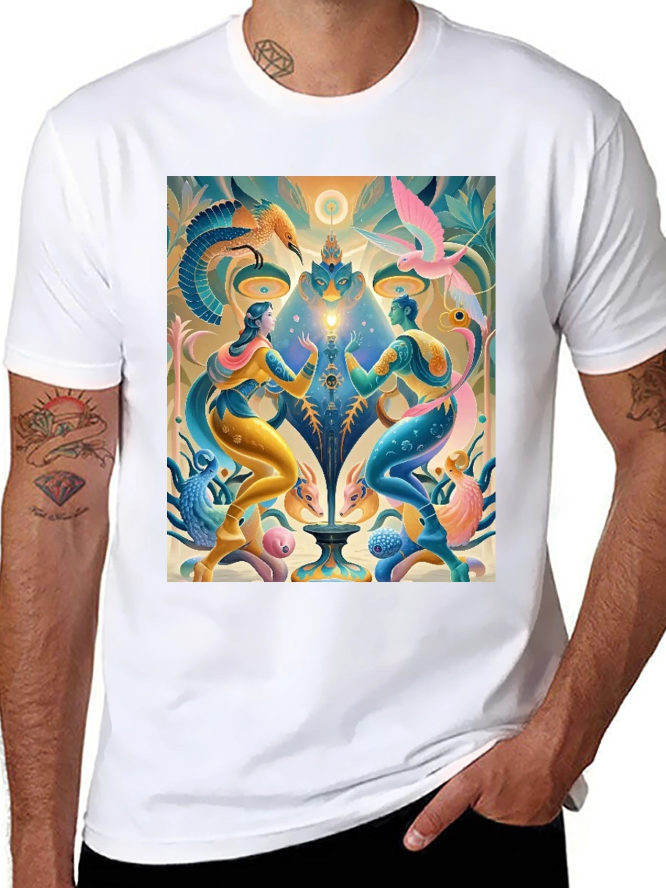 Artistic T-Shirt: Mystical Bird and Figure Design