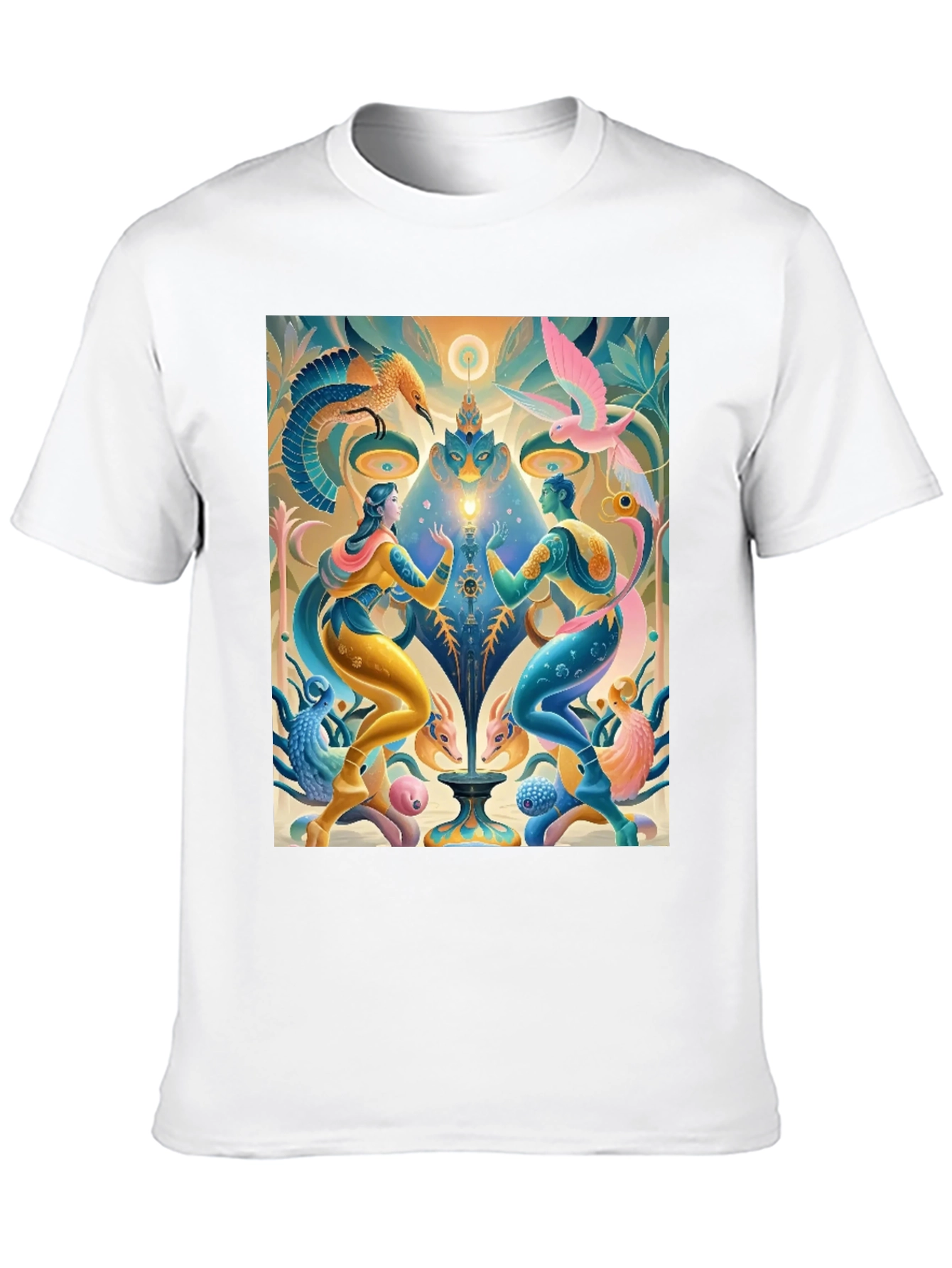 Artistic T-Shirt: Mystical Bird and Figure Design