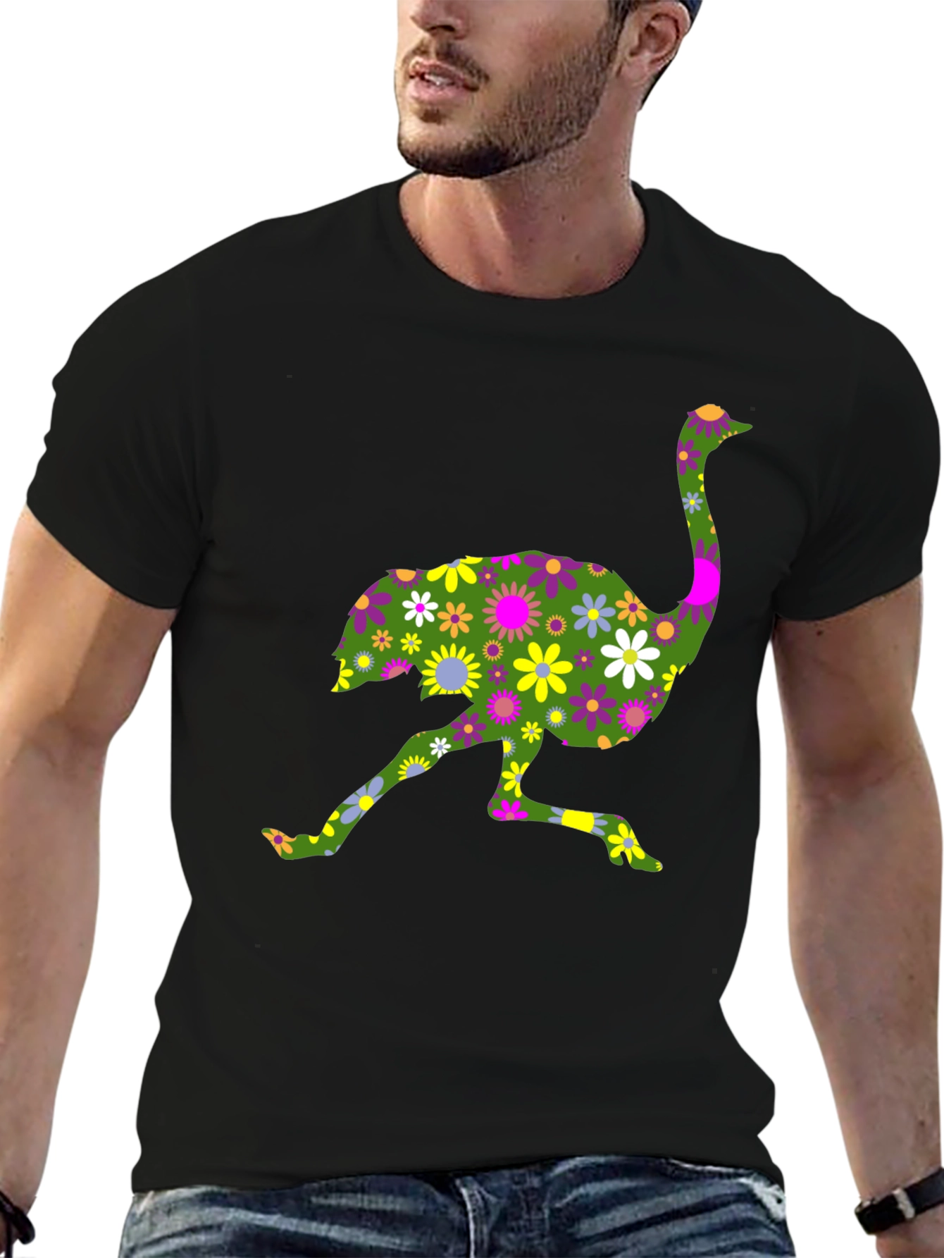 Floral Ostrich Graphic Tee - Unique Novelty Shirt