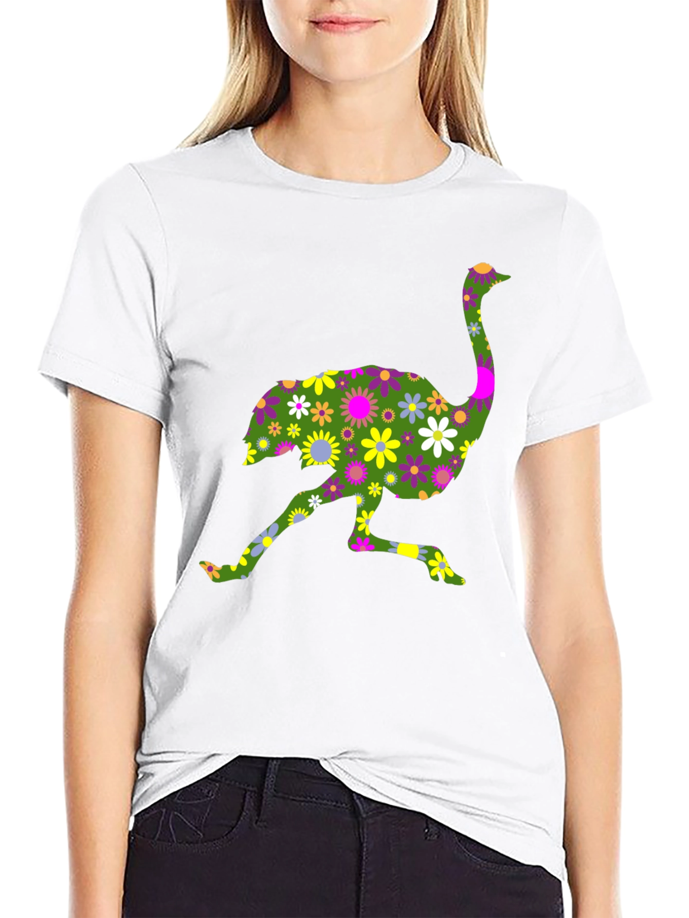 Floral Ostrich Graphic Tee - Unique Novelty Shirt
