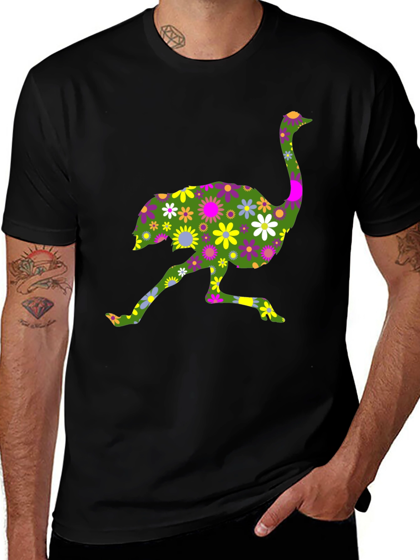 Floral Ostrich Graphic Tee - Unique Novelty Shirt