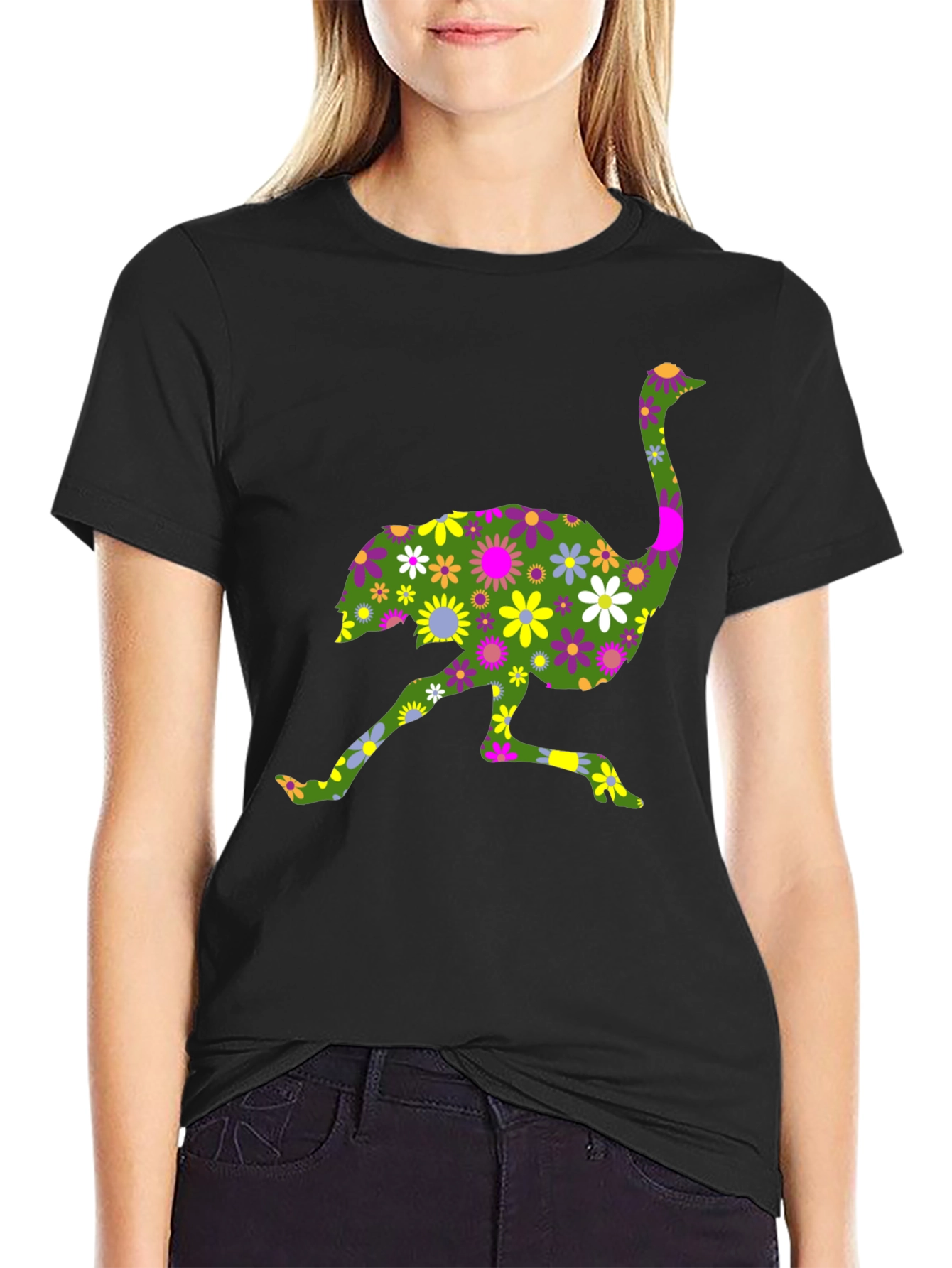 Floral Ostrich Graphic Tee - Unique Novelty Shirt