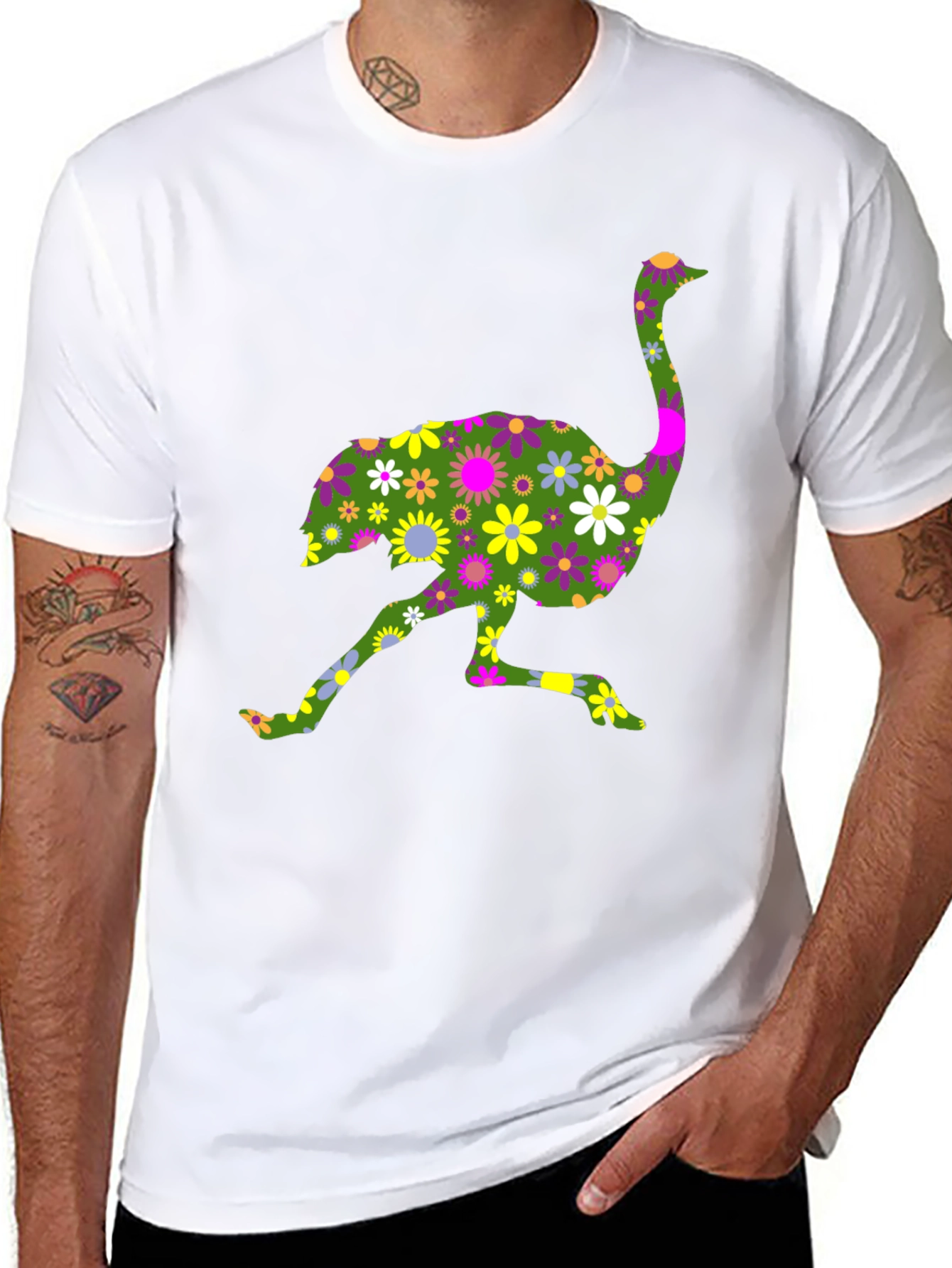 Floral Ostrich Graphic Tee - Unique Novelty Shirt