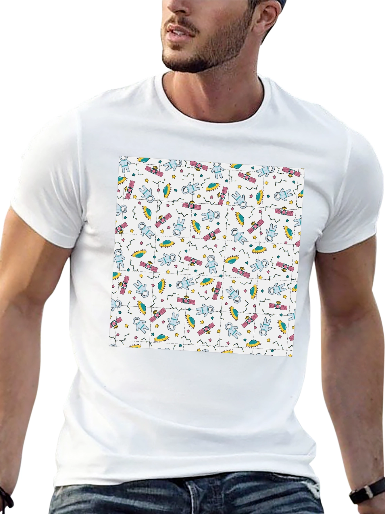 Retro Space Pattern Black T-Shirt