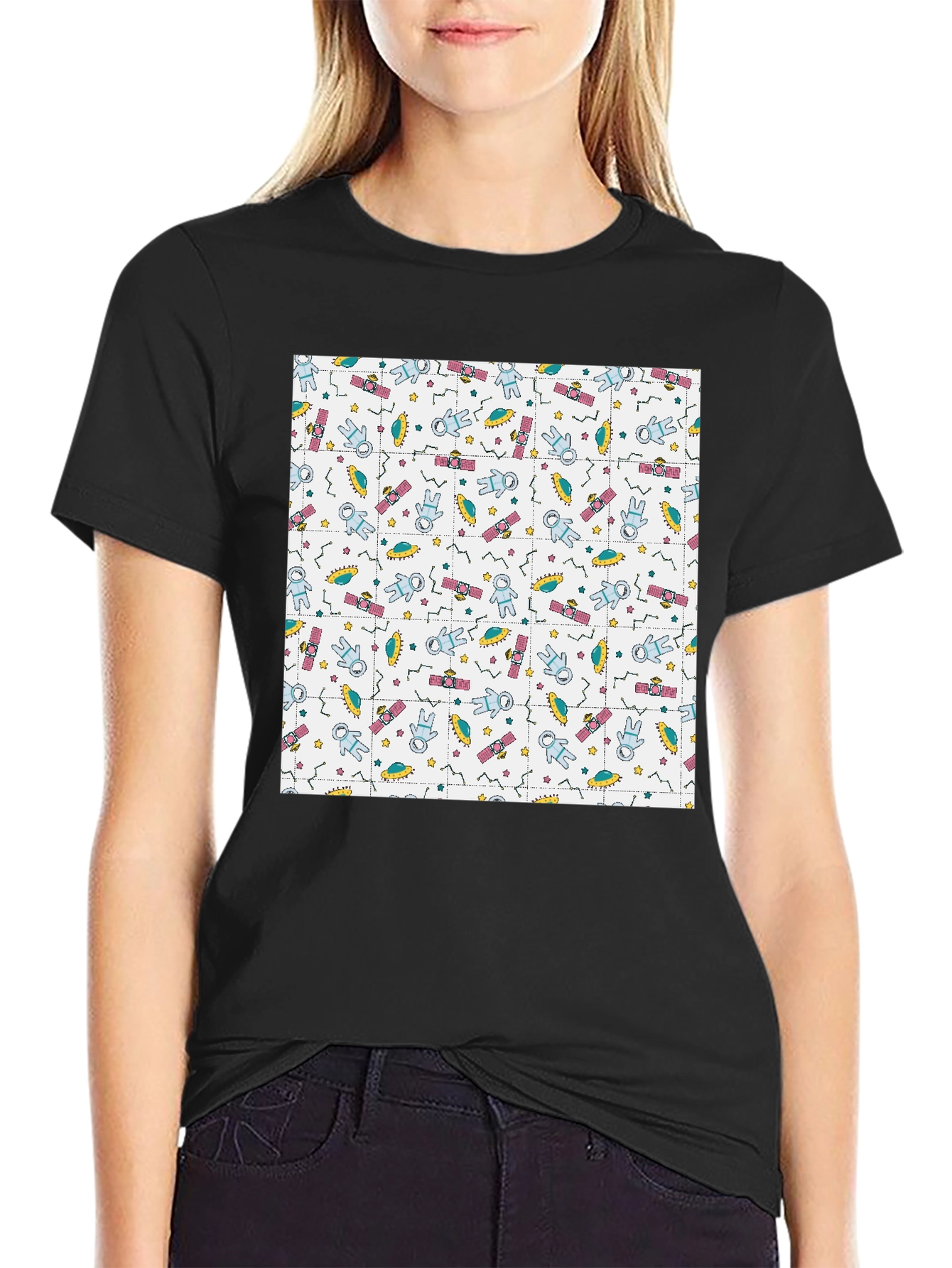 Retro Space Pattern Black T-Shirt
