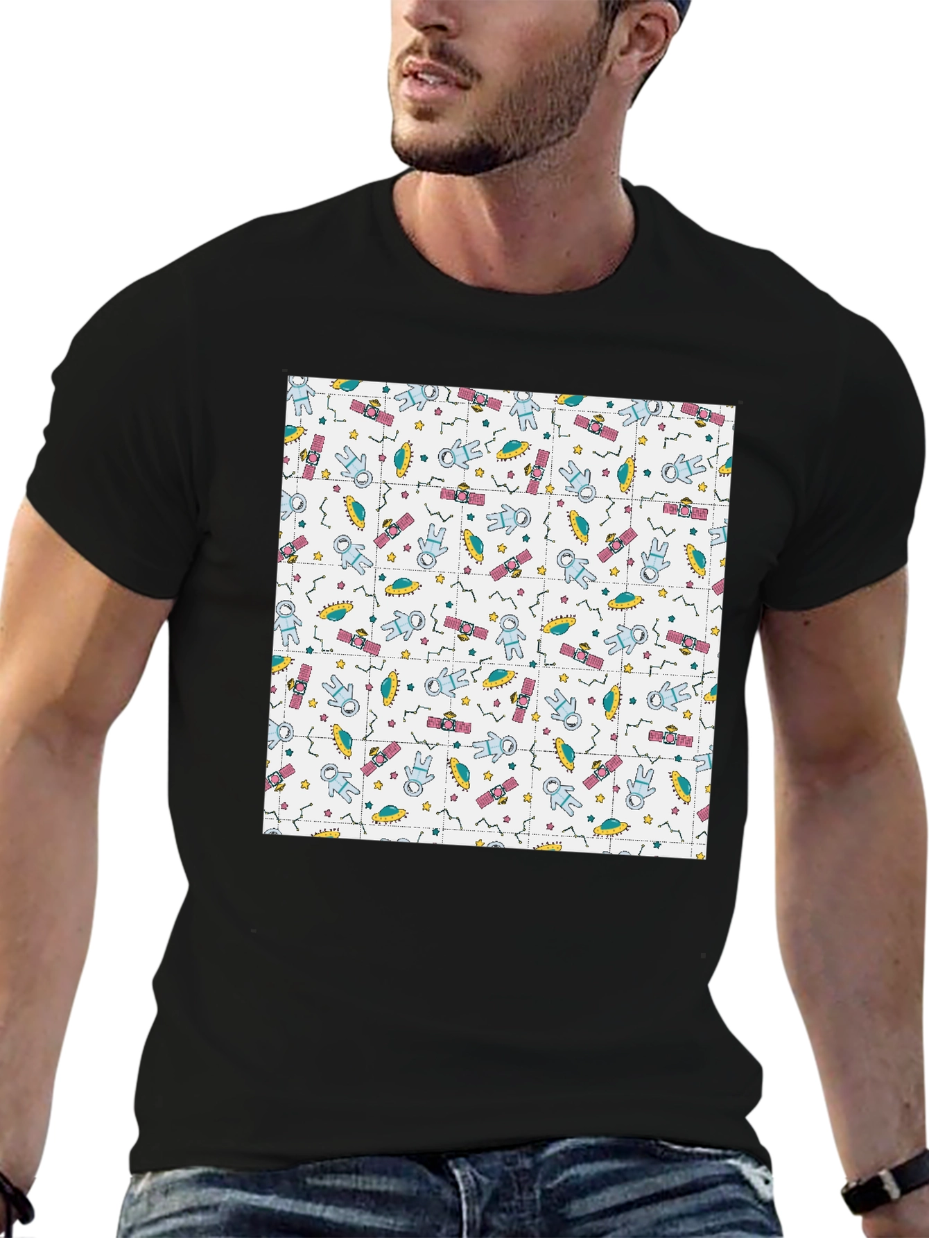 Retro Space Pattern Black T-Shirt