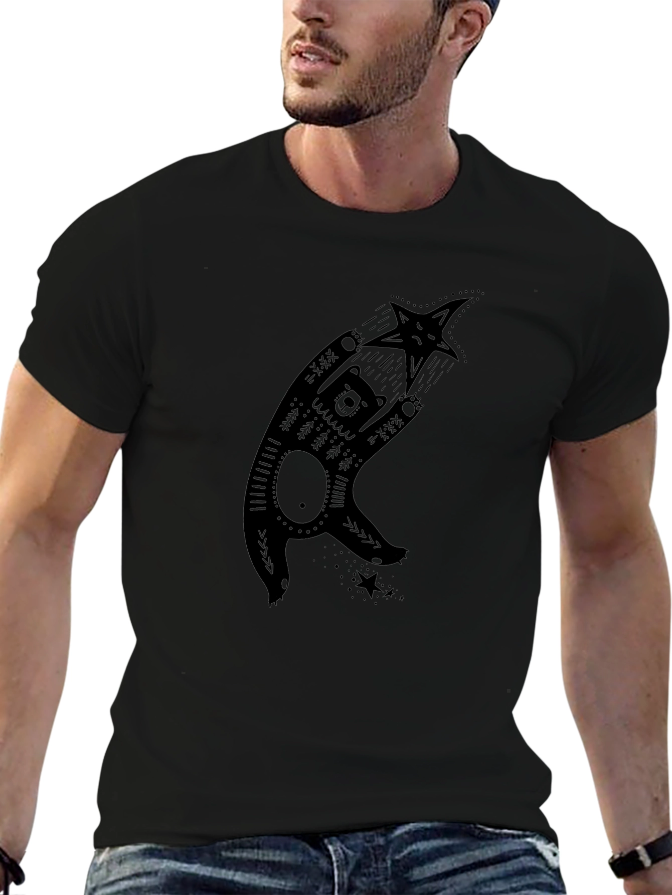 Bear & Star Graphic Print Black T-Shirt