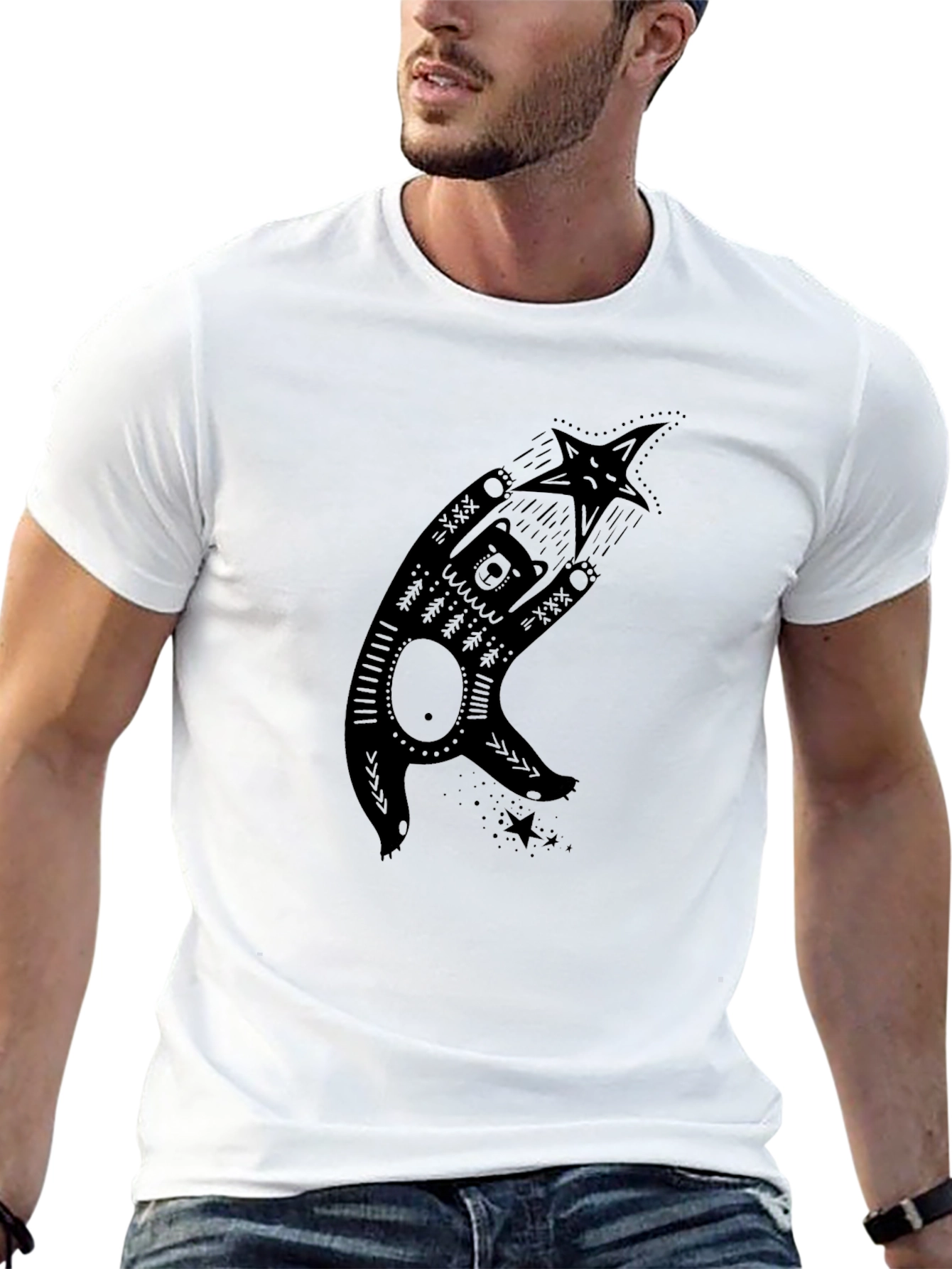 Bear & Star Graphic Print Black T-Shirt