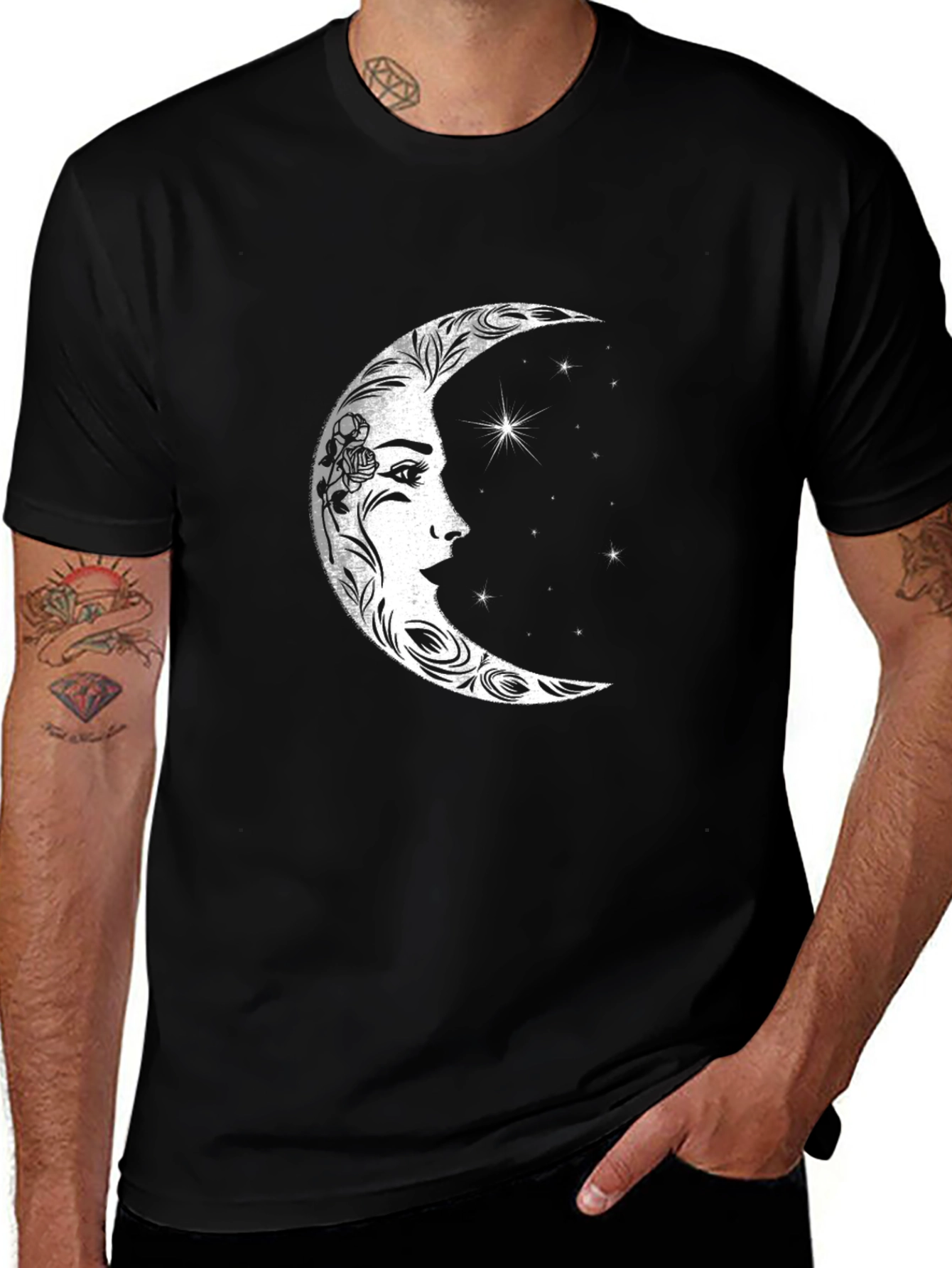 Celestial Moon Face Graphic Tee - Black