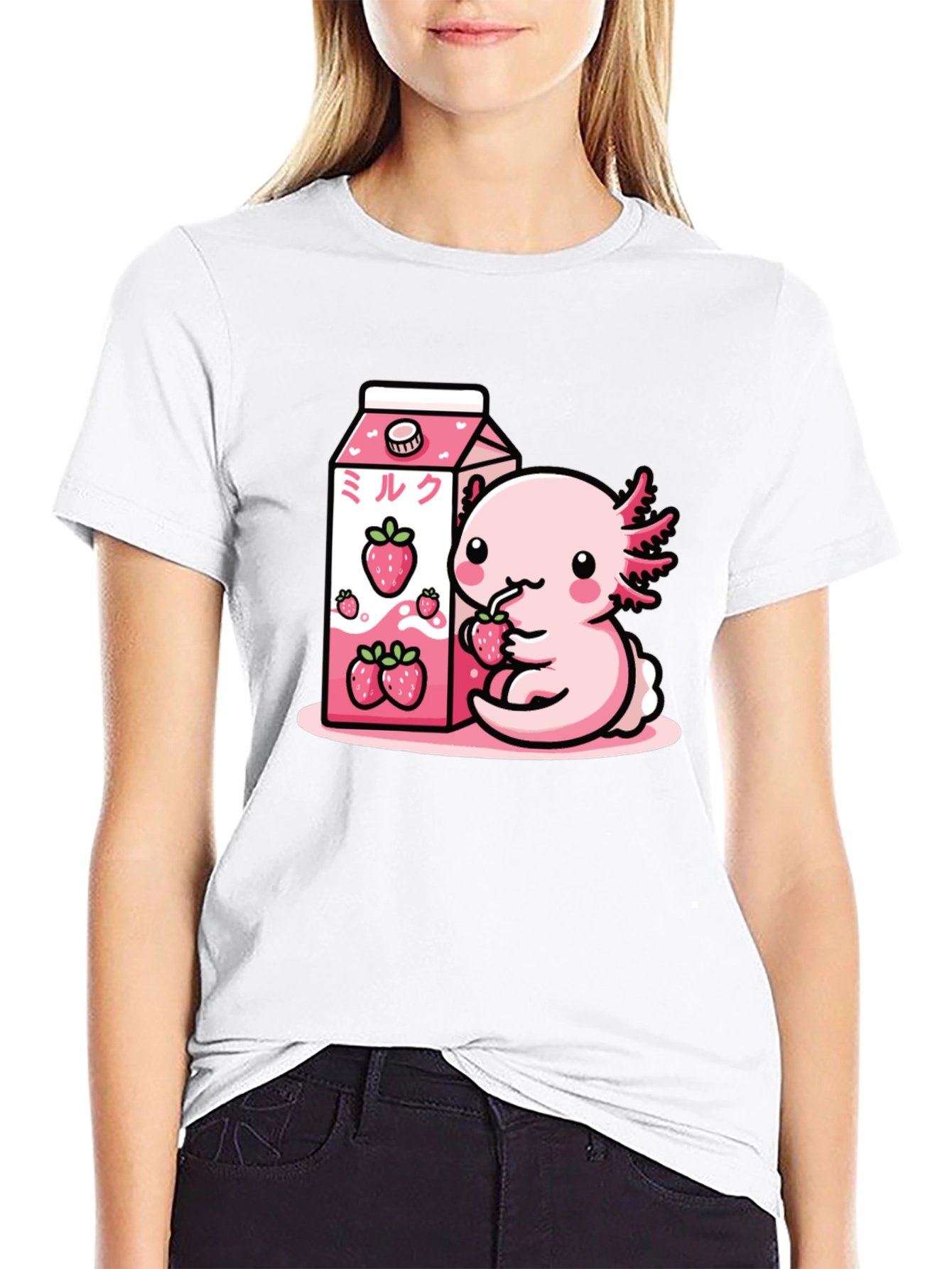 Axolotl & Strawberry Milk T-Shirt - Cute Kawaii Design