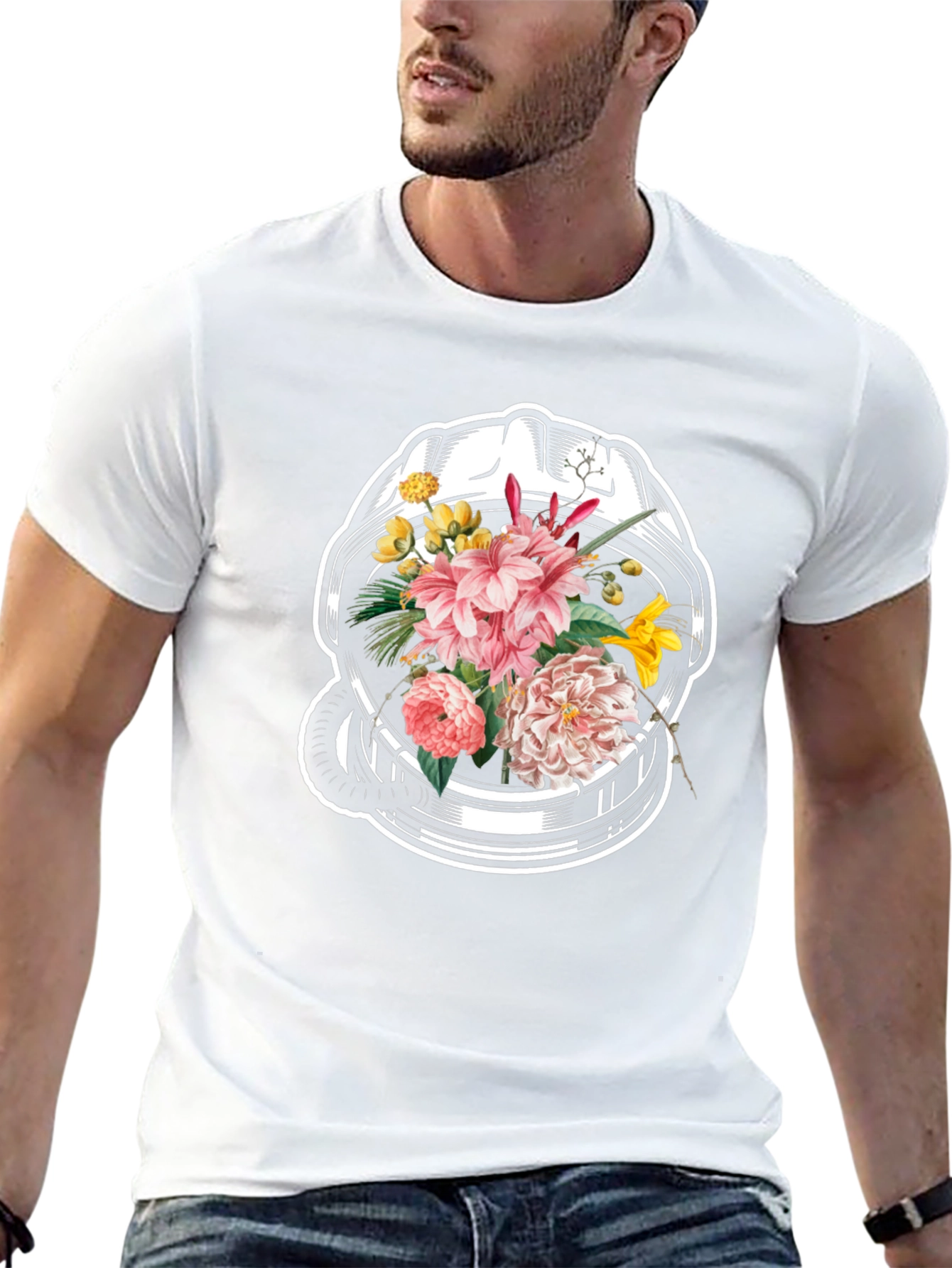 Floral Astronaut Helmet Graphic Tee - Unique Design