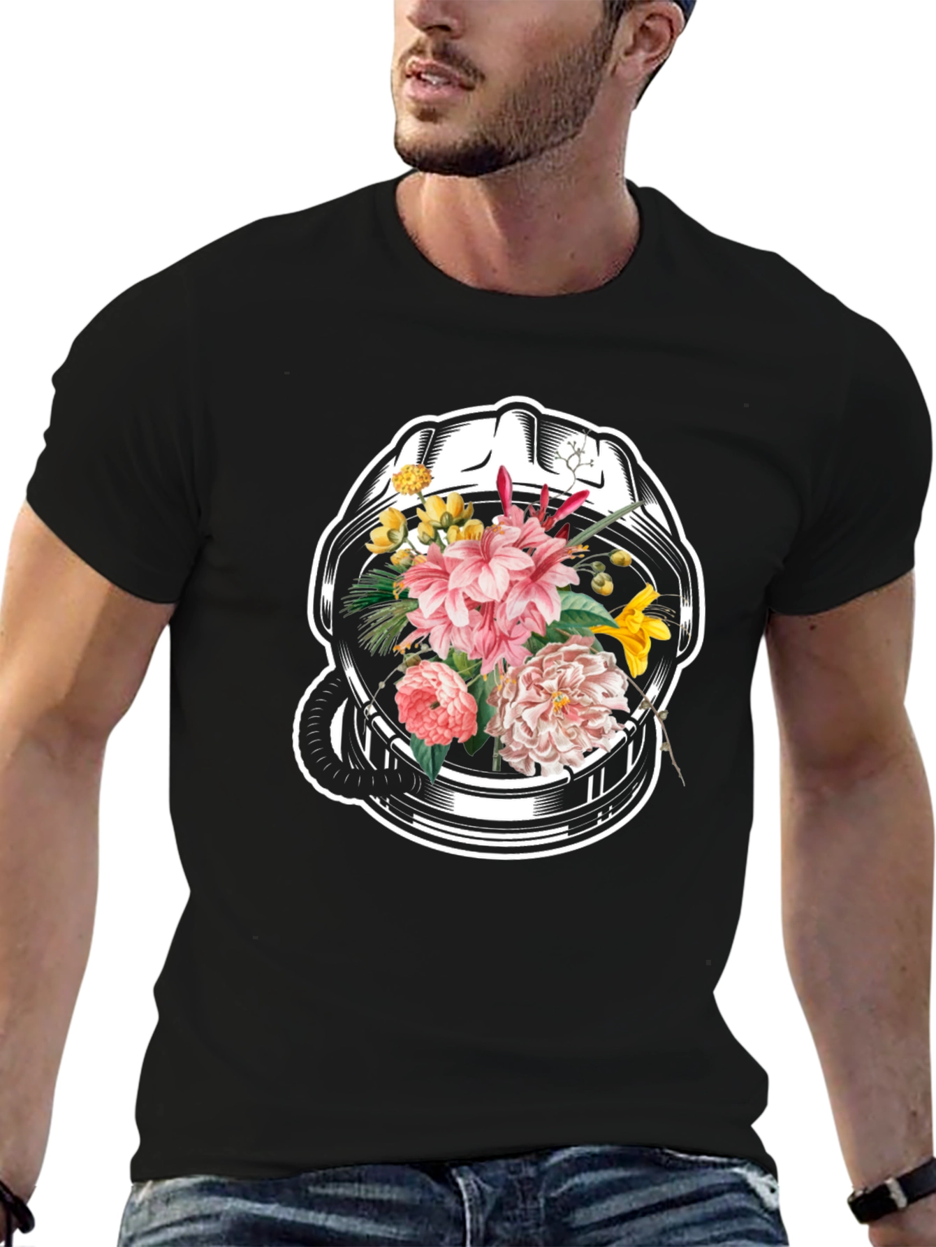 Floral Astronaut Helmet Graphic Tee - Unique Design