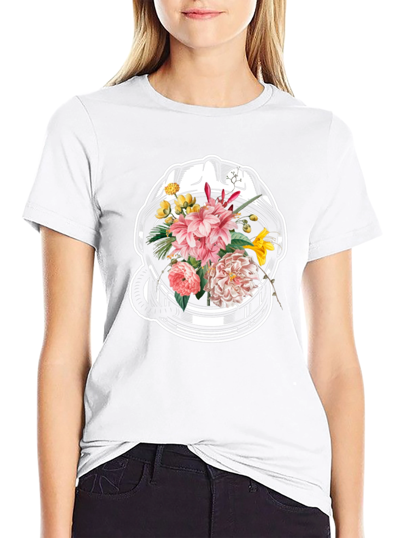 Floral Astronaut Helmet Graphic Tee - Unique Design