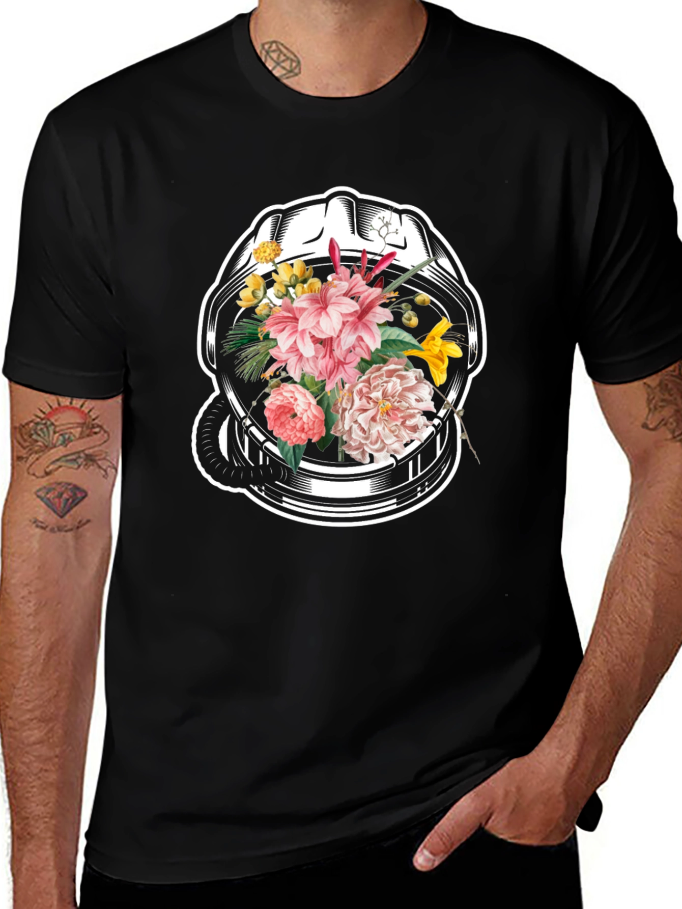 Floral Astronaut Helmet Graphic Tee - Unique Design
