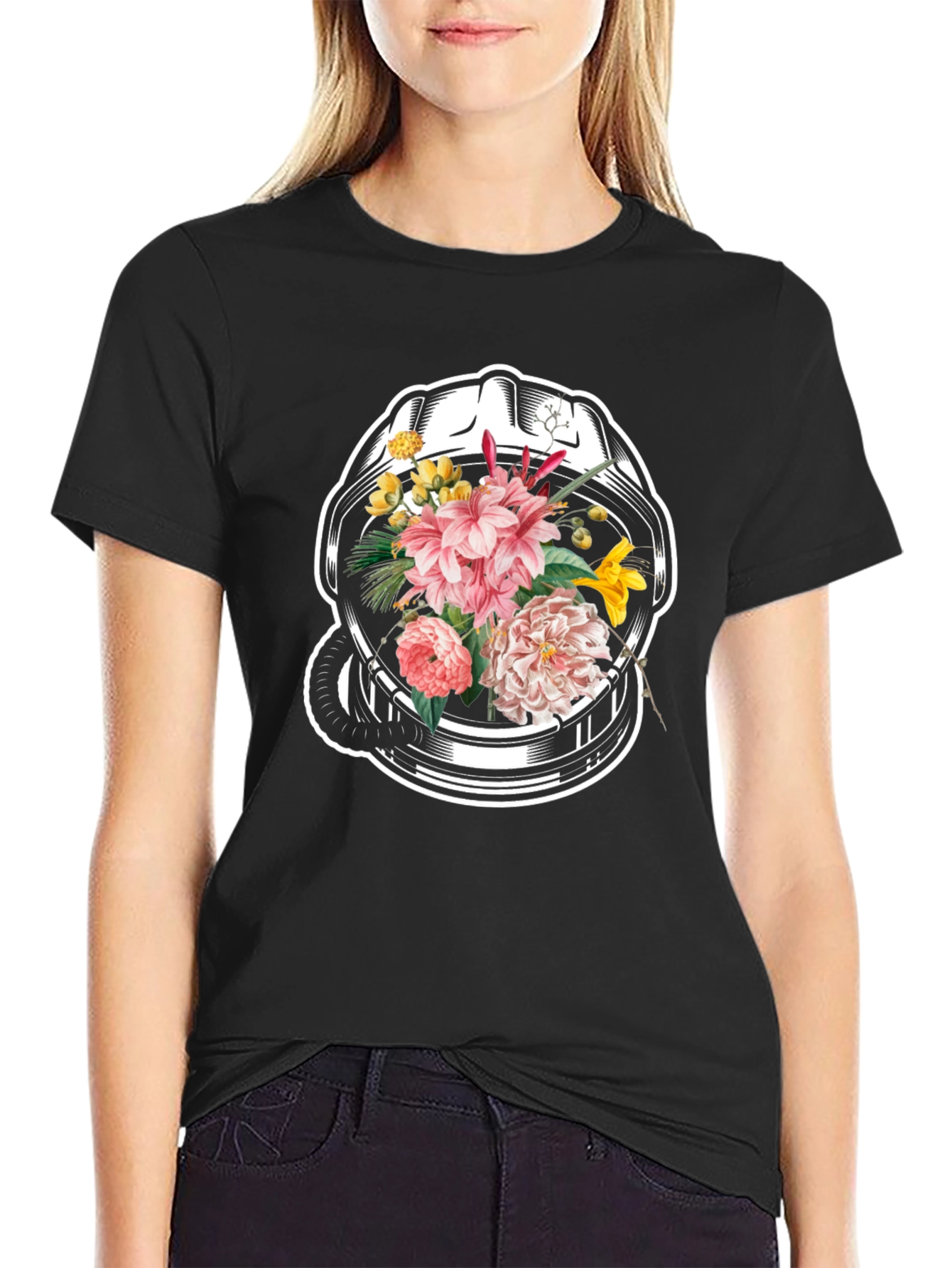 Floral Astronaut Helmet Graphic Tee - Unique Design